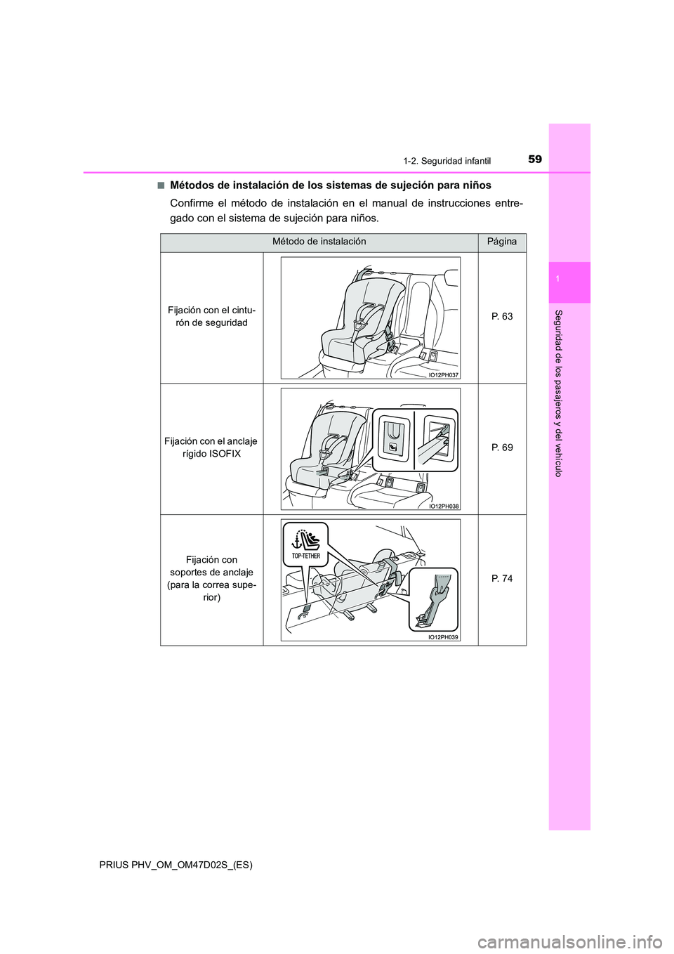 TOYOTA PRIUS PLUG-IN HYBRID 2018 Manual del propietario (in Spanish) 591-2. Seguridad infantil
1
PRIUS PHV_OM_OM47D02S_(ES)
Seguridad de los pasajeros y del vehículo
■Métodos de instalación de los sistemas de sujeción para niños
Confirme el método de instalaci TOYOTA PRIUS PLUG-IN HYBRID 2018 Manual del propietario (in Spanish) 591-2. Seguridad infantil
1
PRIUS PHV_OM_OM47D02S_(ES)
Seguridad de los pasajeros y del vehículo
■Métodos de instalación de los sistemas de sujeción para niños
Confirme el método de instalaci