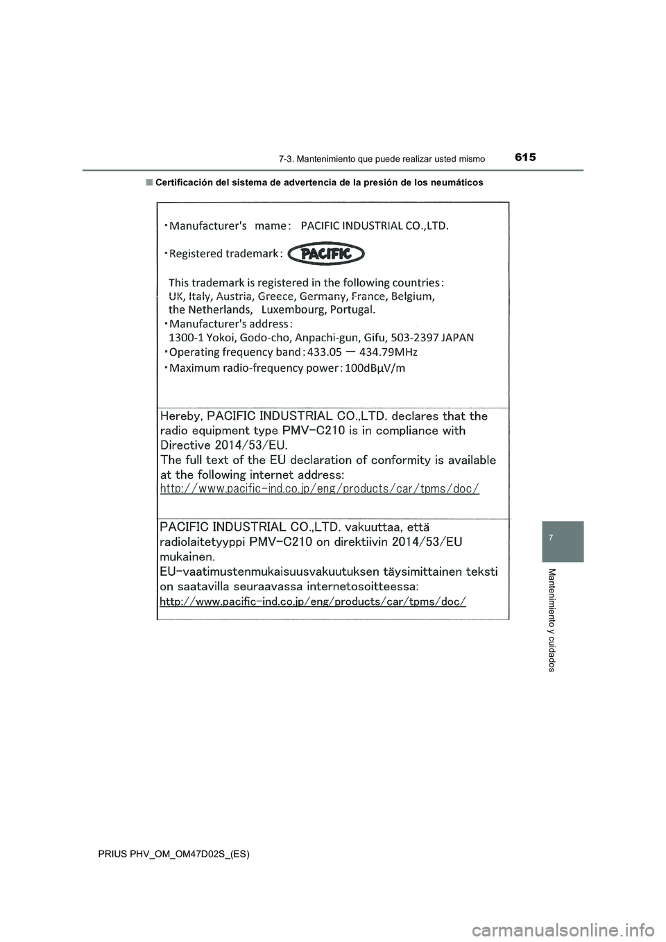 TOYOTA PRIUS PLUG-IN HYBRID 2018 Manual del propietario (in Spanish) 6157-3. Mantenimiento que puede realizar usted mismo
PRIUS PHV_OM_OM47D02S_(ES)
7
Mantenimiento y cuidados
■Certificación del sistema de advertencia de la presión de los neumáticos TOYOTA PRIUS PLUG-IN HYBRID 2018 Manual del propietario (in Spanish) 6157-3. Mantenimiento que puede realizar usted mismo
PRIUS PHV_OM_OM47D02S_(ES)
7
Mantenimiento y cuidados
■Certificación del sistema de advertencia de la presión de los neumáticos