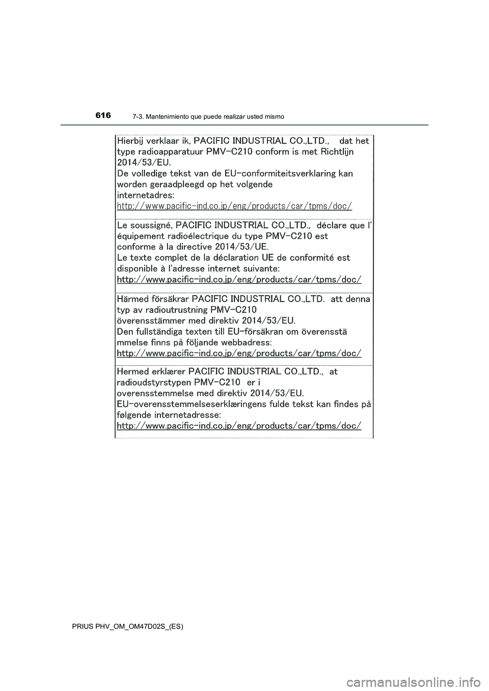 TOYOTA PRIUS PLUG-IN HYBRID 2018 Manual del propietario (in Spanish) 6167-3. Mantenimiento que puede realizar usted mismo
PRIUS PHV_OM_OM47D02S_(ES) TOYOTA PRIUS PLUG-IN HYBRID 2018 Manual del propietario (in Spanish) 6167-3. Mantenimiento que puede realizar usted mismo
PRIUS PHV_OM_OM47D02S_(ES)