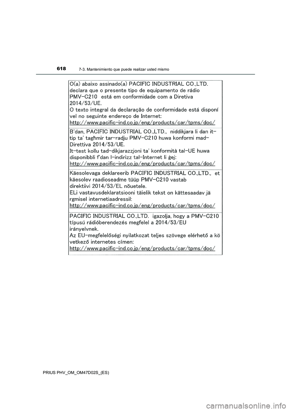 TOYOTA PRIUS PLUG-IN HYBRID 2018 Manual del propietario (in Spanish) 6187-3. Mantenimiento que puede realizar usted mismo
PRIUS PHV_OM_OM47D02S_(ES) TOYOTA PRIUS PLUG-IN HYBRID 2018 Manual del propietario (in Spanish) 6187-3. Mantenimiento que puede realizar usted mismo
PRIUS PHV_OM_OM47D02S_(ES)
