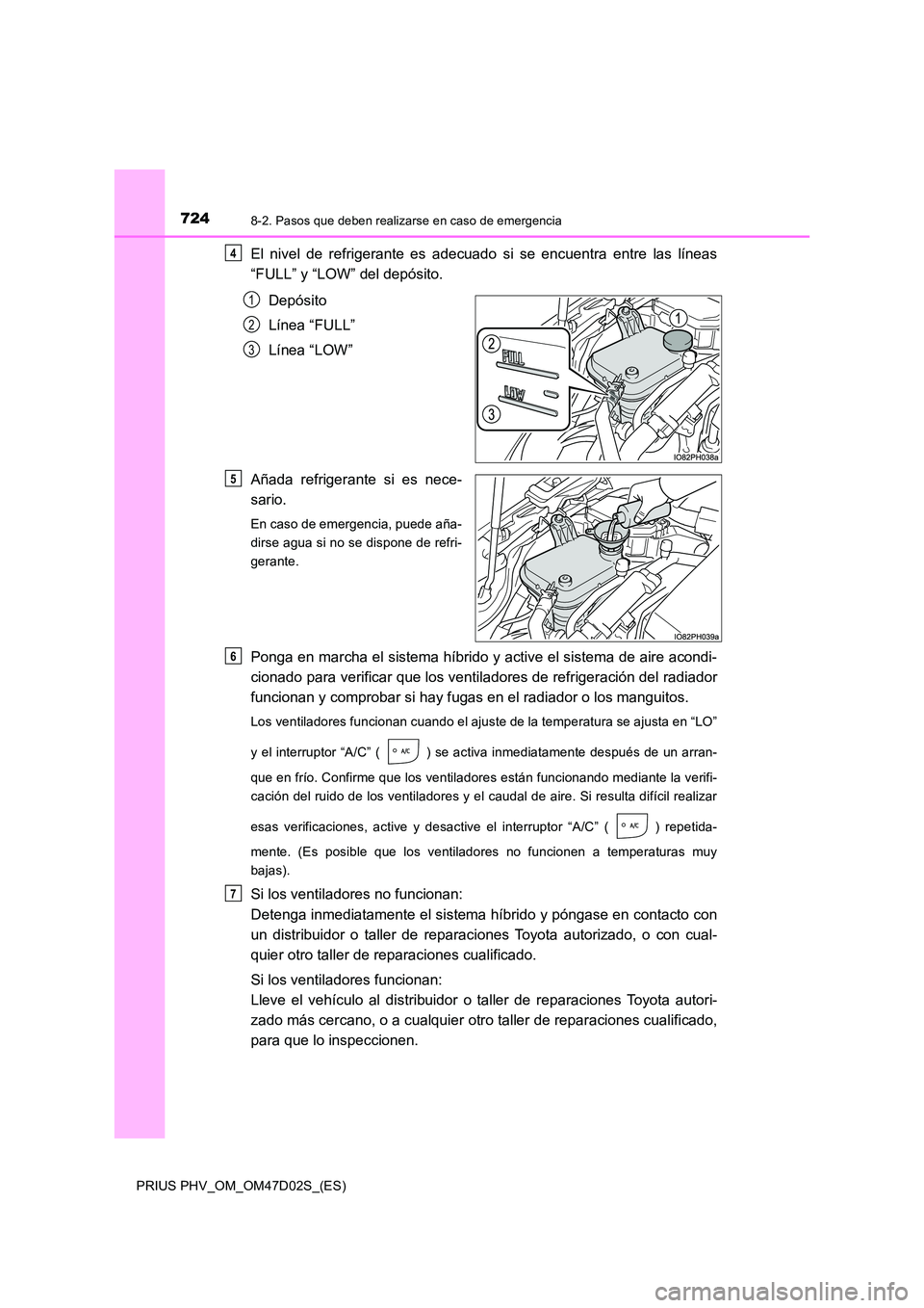 TOYOTA PRIUS PLUG-IN HYBRID 2018 Manual del propietario (in Spanish) 7248-2. Pasos que deben realizarse en caso de emergencia
PRIUS PHV_OM_OM47D02S_(ES)
El nivel de refrigerante es adecuado si se encuentra entre las líneas
“FULL” y “LOW” del depósito.
Depó TOYOTA PRIUS PLUG-IN HYBRID 2018 Manual del propietario (in Spanish) 7248-2. Pasos que deben realizarse en caso de emergencia
PRIUS PHV_OM_OM47D02S_(ES)
El nivel de refrigerante es adecuado si se encuentra entre las líneas
“FULL” y “LOW” del depósito.
Depó