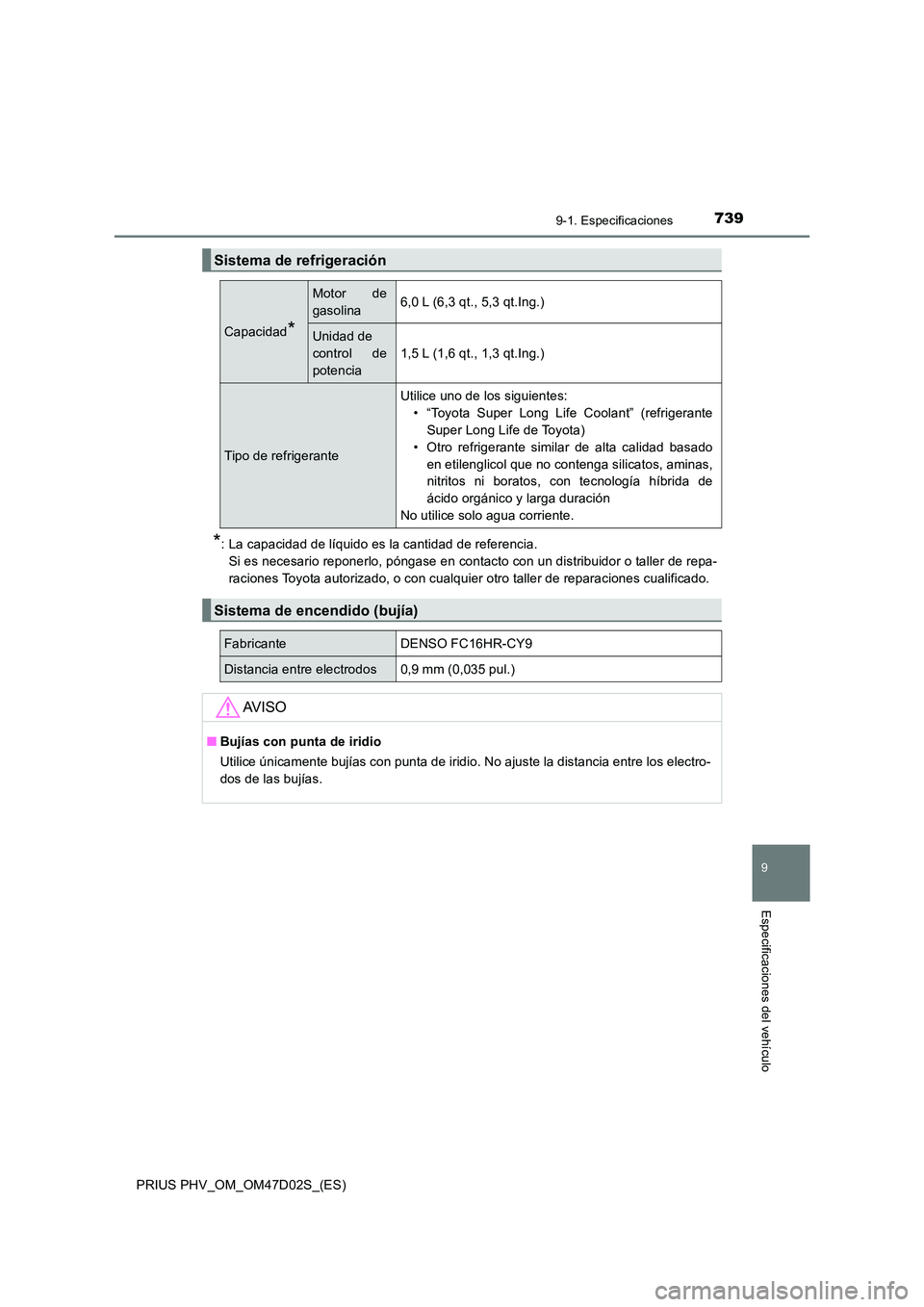 TOYOTA PRIUS PLUG-IN HYBRID 2018 Manual del propietario (in Spanish) 7399-1. Especificaciones
PRIUS PHV_OM_OM47D02S_(ES)
9
Especificaciones del vehículo
*: La capacidad de líquido es la cantidad de referencia.
Si es necesario reponerlo, póngase en contacto con un d TOYOTA PRIUS PLUG-IN HYBRID 2018 Manual del propietario (in Spanish) 7399-1. Especificaciones
PRIUS PHV_OM_OM47D02S_(ES)
9
Especificaciones del vehículo
*: La capacidad de líquido es la cantidad de referencia.
Si es necesario reponerlo, póngase en contacto con un d