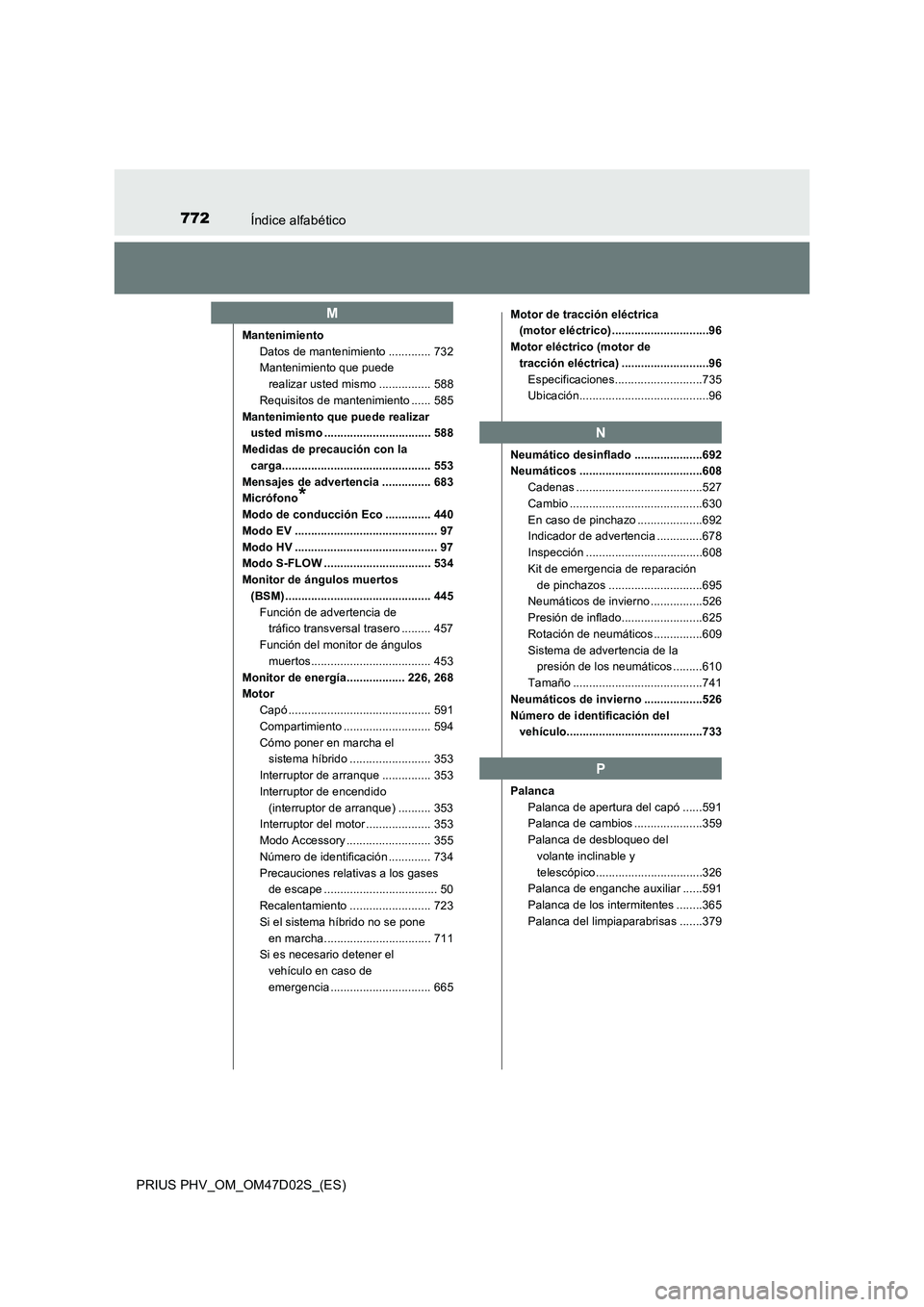 TOYOTA PRIUS PLUG-IN HYBRID 2018 Manual del propietario (in Spanish) 772Índice alfabético
PRIUS PHV_OM_OM47D02S_(ES)
Mantenimiento
Datos de mantenimiento ............. 732
Mantenimiento que puede
realizar usted mismo ................ 588
Requisitos de mantenimiento TOYOTA PRIUS PLUG-IN HYBRID 2018 Manual del propietario (in Spanish) 772Índice alfabético
PRIUS PHV_OM_OM47D02S_(ES)
Mantenimiento
Datos de mantenimiento ............. 732
Mantenimiento que puede
realizar usted mismo ................ 588
Requisitos de mantenimiento