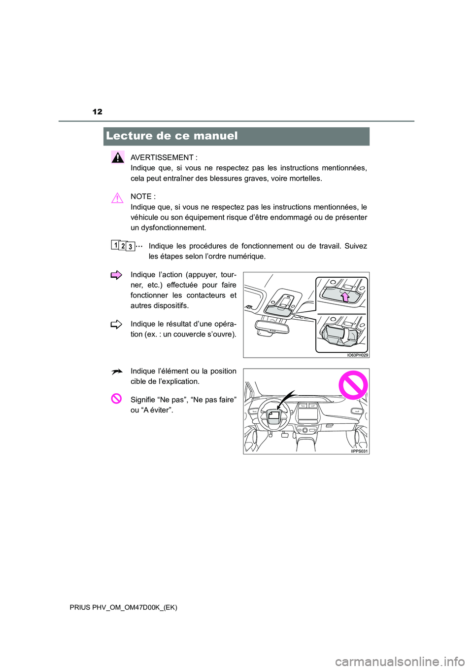 TOYOTA PRIUS PLUG-IN HYBRID 2018 Manuel du propriétaire (in French) 12
PRIUS PHV_OM_OM47D00K_(EK)
Lecture de ce manuel
AVERTISSEMENT :
Indique que, si vous ne respectez pas les instructions mentionnées,
cela peut entraîner des blessures graves, voire mortelles.
TOYOTA PRIUS PLUG-IN HYBRID 2018 Manuel du propriétaire (in French) 12
PRIUS PHV_OM_OM47D00K_(EK)
Lecture de ce manuel
AVERTISSEMENT :
Indique que, si vous ne respectez pas les instructions mentionnées,
cela peut entraîner des blessures graves, voire mortelles.