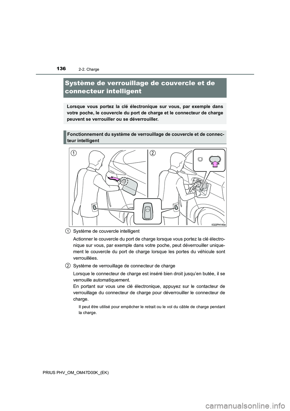 TOYOTA PRIUS PLUG-IN HYBRID 2018 Manuel du propriétaire (in French) 1362-2. Charge
PRIUS PHV_OM_OM47D00K_(EK)
Système de verrouillage de couvercle et de
connecteur intelligent
Système de couvercle intelligent
Actionner le couvercle du port de charge lorsque vous TOYOTA PRIUS PLUG-IN HYBRID 2018 Manuel du propriétaire (in French) 1362-2. Charge
PRIUS PHV_OM_OM47D00K_(EK)
Système de verrouillage de couvercle et de
connecteur intelligent
Système de couvercle intelligent
Actionner le couvercle du port de charge lorsque vous