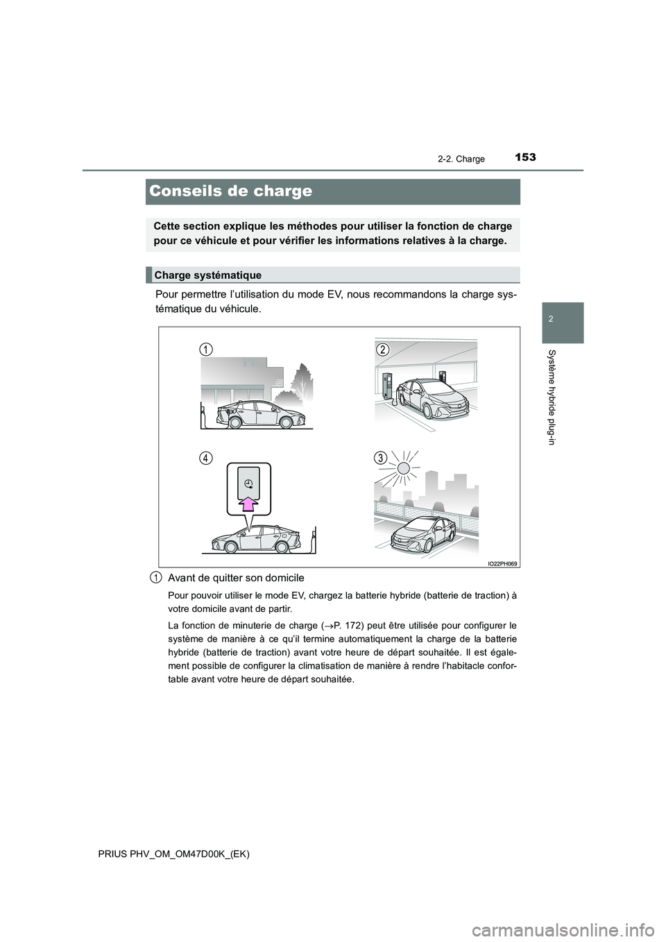 TOYOTA PRIUS PLUG-IN HYBRID 2018 Manuel du propriétaire (in French) 153
2
2-2. Charge
Système hybride plug-in
PRIUS PHV_OM_OM47D00K_(EK)
Conseils de charge
Pour permettre l’utilisation du mode EV, nous recommandons la charge sys-
tématique du véhicule.
Avant de TOYOTA PRIUS PLUG-IN HYBRID 2018 Manuel du propriétaire (in French) 153
2
2-2. Charge
Système hybride plug-in
PRIUS PHV_OM_OM47D00K_(EK)
Conseils de charge
Pour permettre l’utilisation du mode EV, nous recommandons la charge sys-
tématique du véhicule.
Avant de
