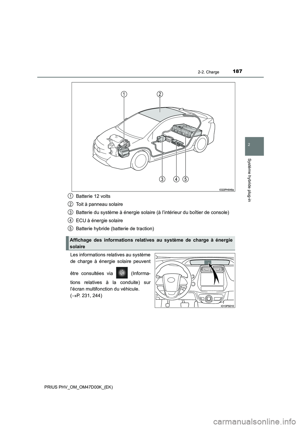 TOYOTA PRIUS PLUG-IN HYBRID 2018 Manuel du propriétaire (in French) 1872-2. Charge
2
Système hybride plug-in
PRIUS PHV_OM_OM47D00K_(EK)
Batterie 12 volts
Toit à panneau solaire
Batterie du système à énergie solaire (à l’intérieur du boîtier de console)
ECU TOYOTA PRIUS PLUG-IN HYBRID 2018 Manuel du propriétaire (in French) 1872-2. Charge
2
Système hybride plug-in
PRIUS PHV_OM_OM47D00K_(EK)
Batterie 12 volts
Toit à panneau solaire
Batterie du système à énergie solaire (à l’intérieur du boîtier de console)
ECU
