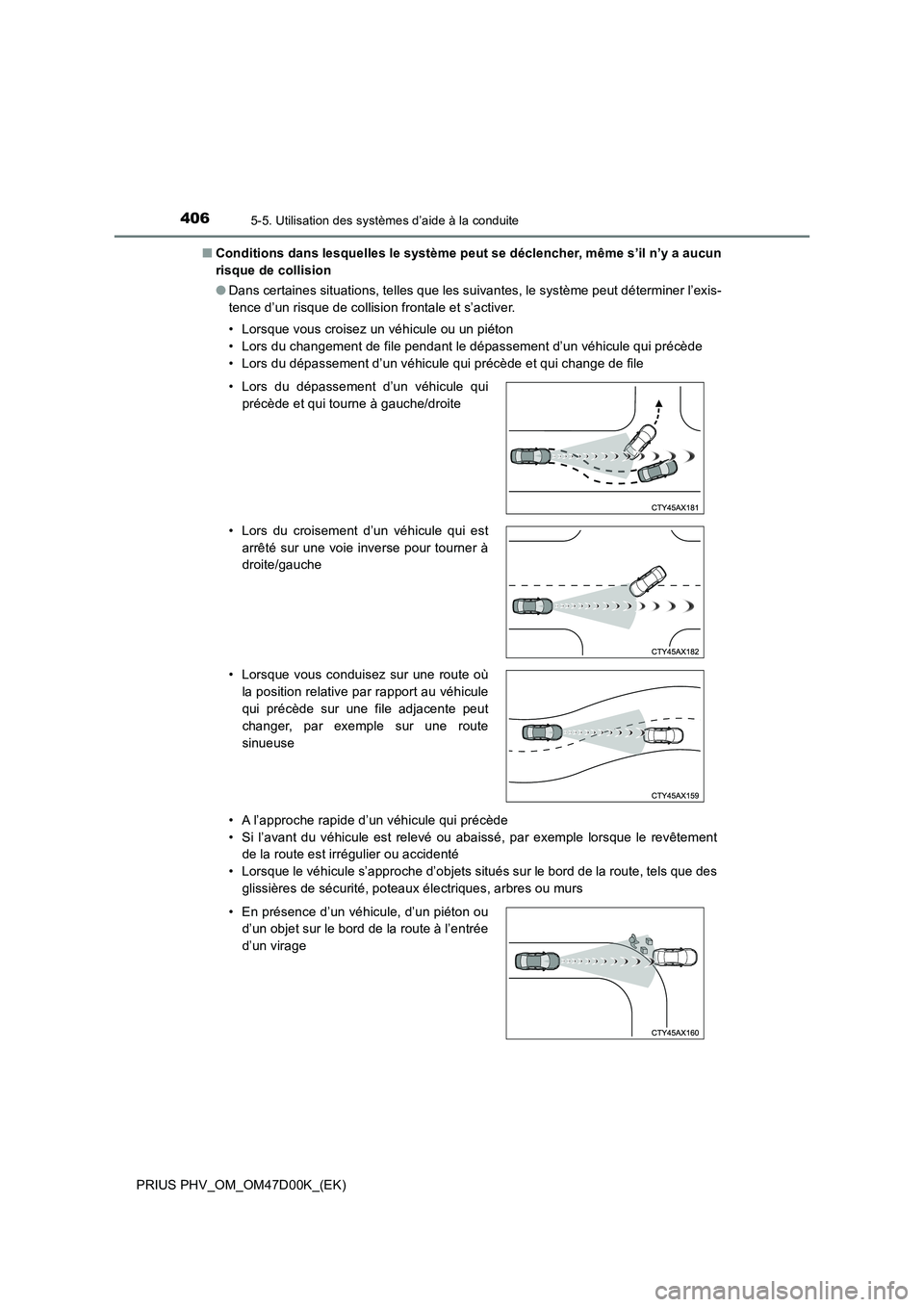 TOYOTA PRIUS PLUG-IN HYBRID 2018  Manuel du propriétaire (in French) 4065-5. Utilisation des systèmes d’aide à la conduite
PRIUS PHV_OM_OM47D00K_(EK)■Conditions dans lesquelles le système peut se déclencher, même s’il n’y a aucun
risque de collision
●Dan