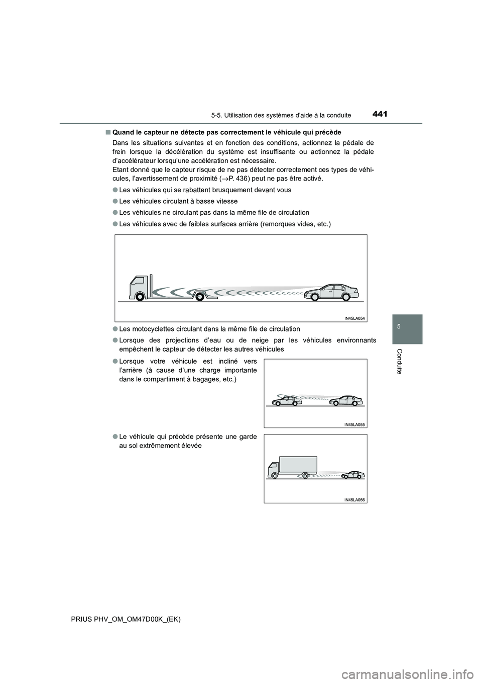 TOYOTA PRIUS PLUG-IN HYBRID 2018  Manuel du propriétaire (in French) 4415-5. Utilisation des systèmes d’aide à la conduite
PRIUS PHV_OM_OM47D00K_(EK)
5
Conduite
■Quand le capteur ne détecte pas correctement le véhicule qui précède
Dans les situations suivante