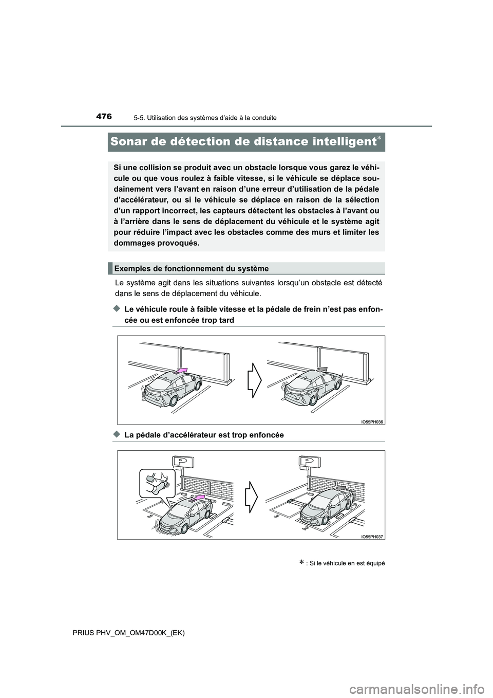 TOYOTA PRIUS PLUG-IN HYBRID 2018  Manuel du propriétaire (in French) 4765-5. Utilisation des systèmes d’aide à la conduite
PRIUS PHV_OM_OM47D00K_(EK)
Sonar de détection de distance intelligent
Le système agit dans les situations suivantes lorsqu’un obstacle 