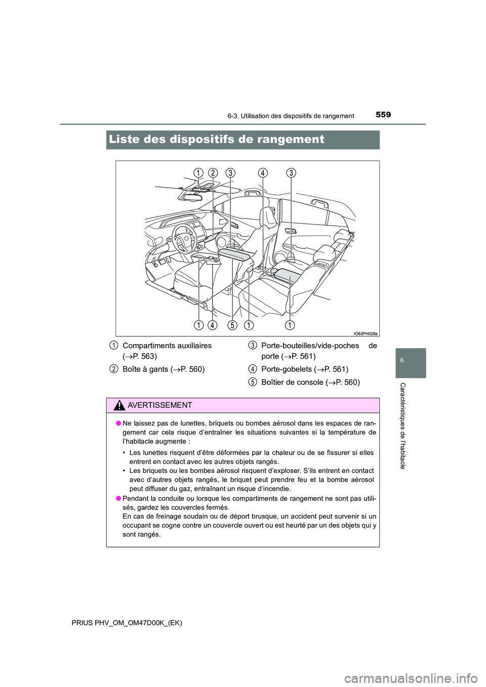 TOYOTA PRIUS PLUG-IN HYBRID 2018 Manuel du propriétaire (in French) 5596-3. Utilisation des dispositifs de rangement
PRIUS PHV_OM_OM47D00K_(EK)
6
Caractéristiques de l’habitacle
Liste des dispositifs de rangement
Compartiments auxiliaires
( P. 563)
Boîte à TOYOTA PRIUS PLUG-IN HYBRID 2018 Manuel du propriétaire (in French) 5596-3. Utilisation des dispositifs de rangement
PRIUS PHV_OM_OM47D00K_(EK)
6
Caractéristiques de l’habitacle
Liste des dispositifs de rangement
Compartiments auxiliaires
( P. 563)
Boîte à