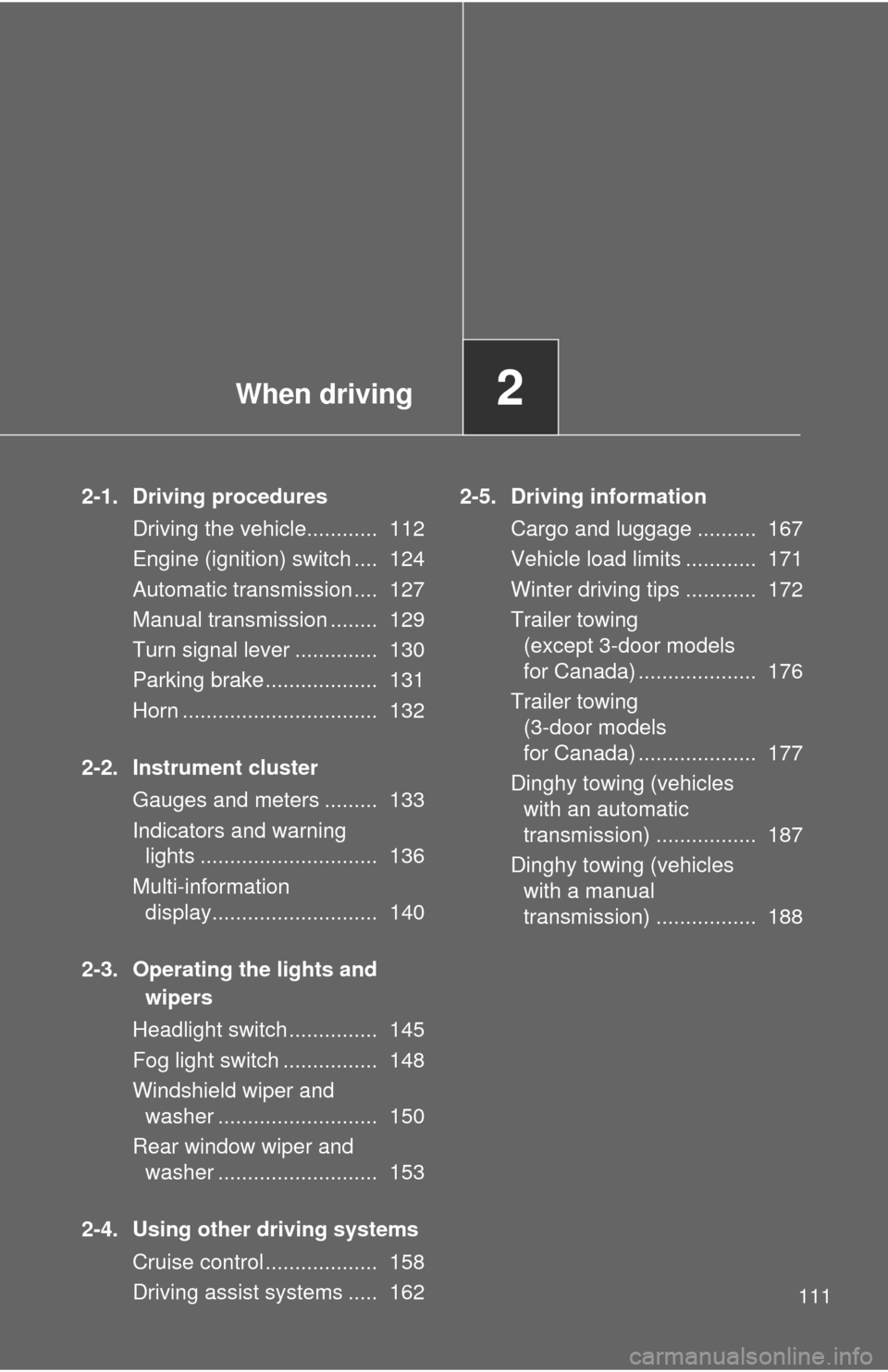 TOYOTA YARIS 2012 3.G Owners Manual When driving2
111
2-1. Driving proceduresDriving the vehicle............ 112
Engine (ignition) switch .... 124
Automatic transmission .... 127
Manual transmission ........ 129
Turn signal lever .. TOYOTA YARIS 2012 3.G Owners Manual When driving2
111
2-1. Driving proceduresDriving the vehicle............ 112
Engine (ignition) switch .... 124
Automatic transmission .... 127
Manual transmission ........ 129
Turn signal lever ..