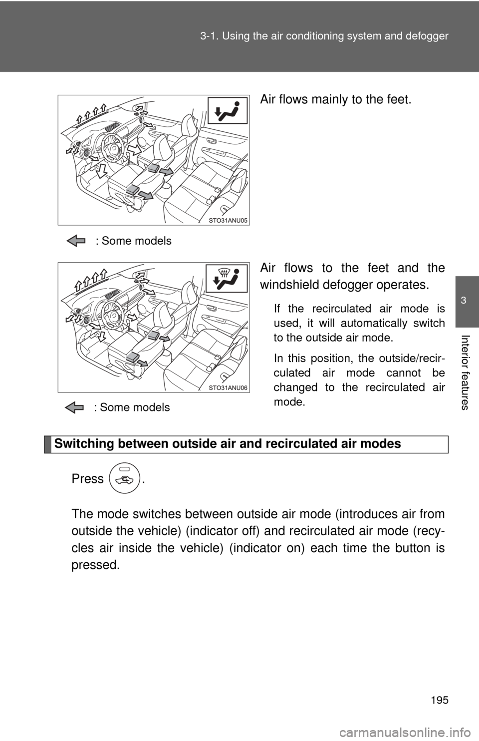 TOYOTA YARIS 2012 3.G Owners Manual 195
3-1. Using the air conditioning system
 and defogger
3
Interior features
Air flows mainly to the feet.
: Some models
Air flows to the feet and the
windshield defogger operates.
If the recirculated