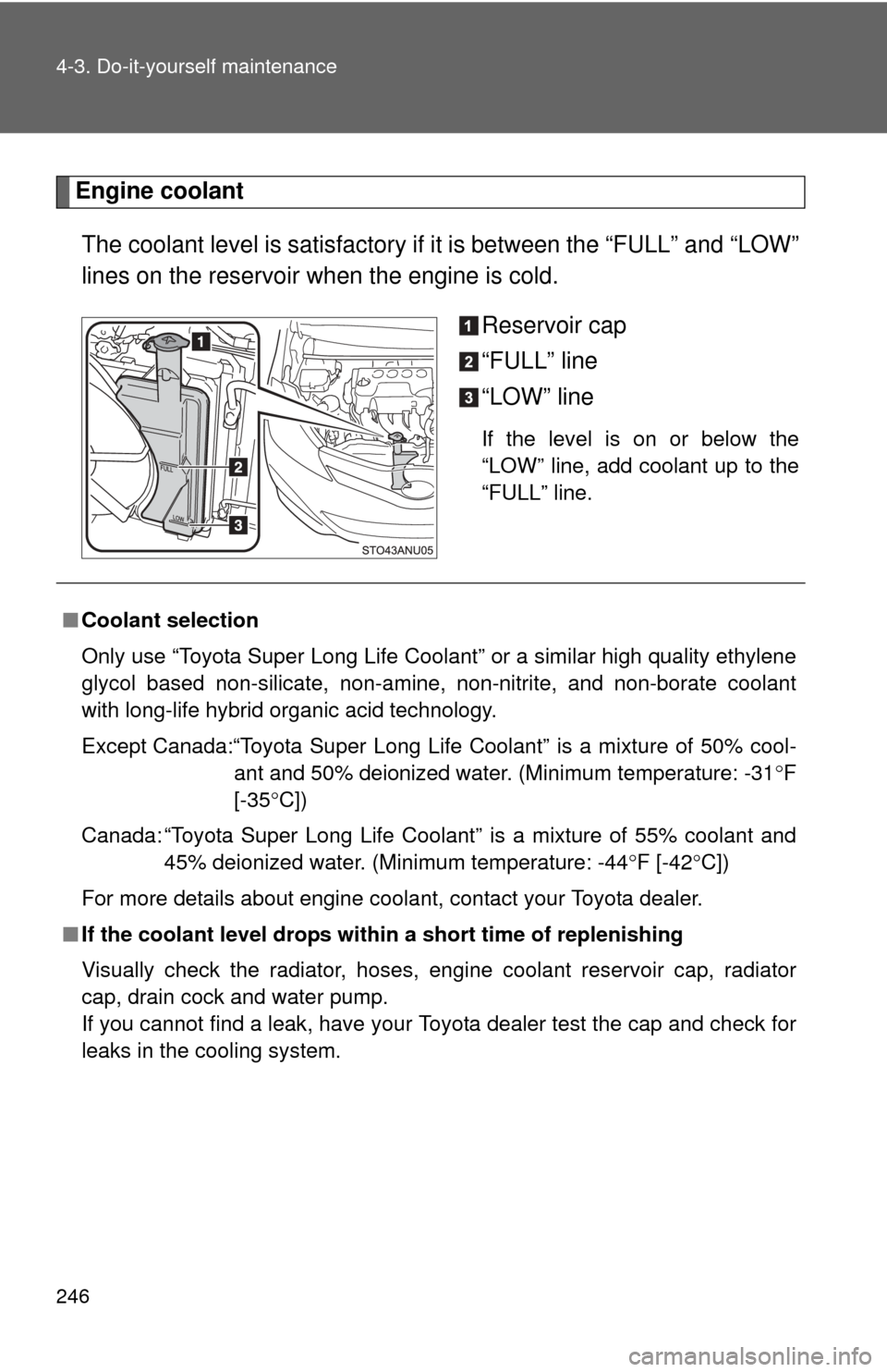 TOYOTA YARIS 2012 3.G Owners Manual 246 4-3. Do-it-yourself maintenance
Engine coolantThe coolant level is satisfactory if  it is between the “FULL” and “LOW”
lines on the reservoir when the engine is cold.
Reservoir cap
“FULL