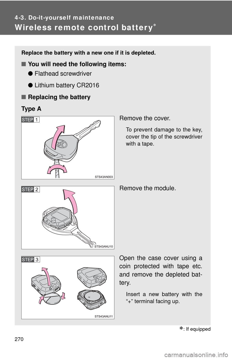 TOYOTA YARIS 2012 3.G Owners Manual 270
4-3. Do-it-yourself maintenance
Wireless remote control batter y
: If equipped
Replace the battery with a new one if it is depleted.
■You will need the following items:
●Flathead screwdr