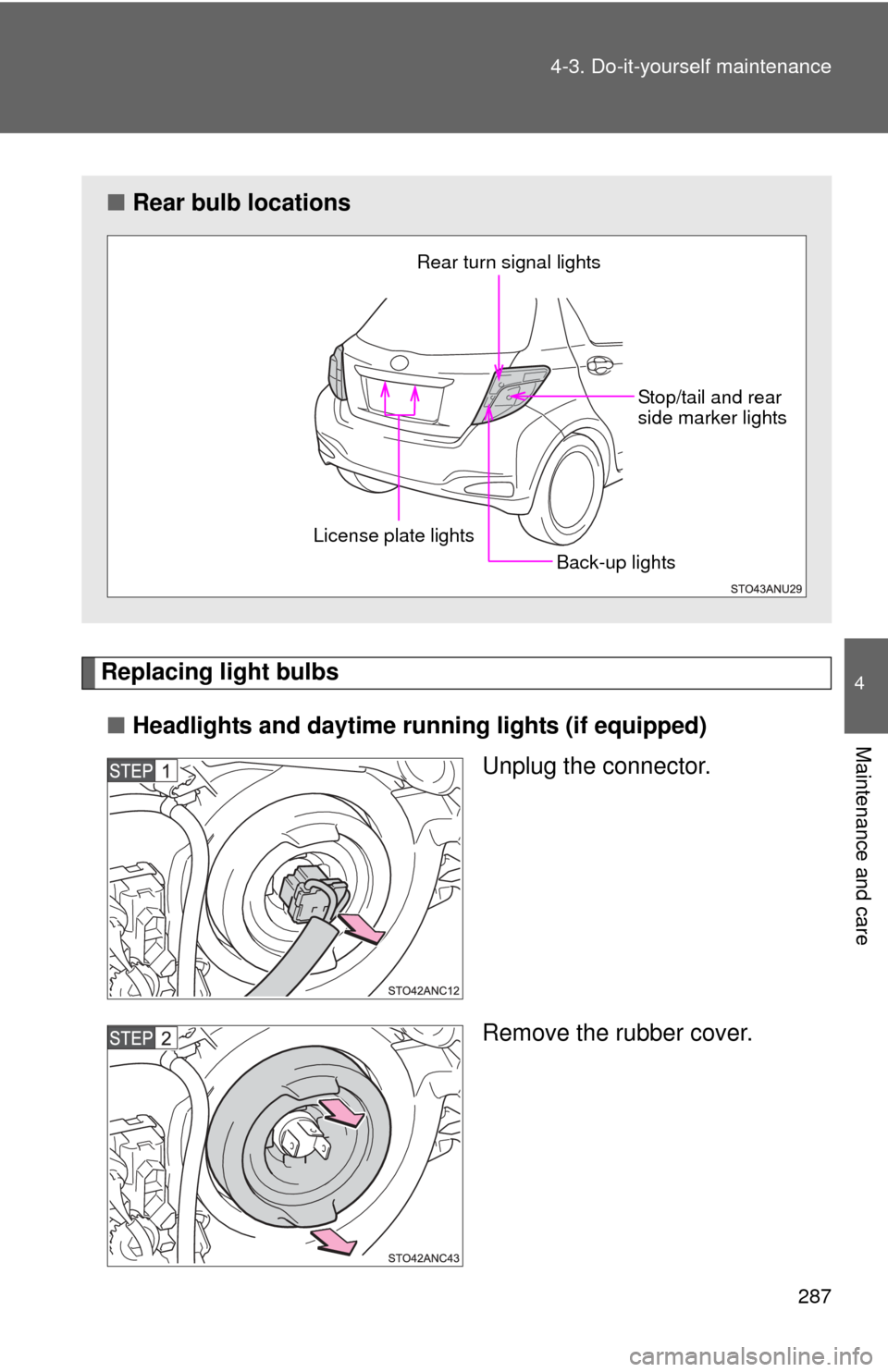 TOYOTA YARIS 2012 3.G Owners Manual 287
4-3. Do-it-yourself maintenance
4
Maintenance and care
Replacing light bulbs
■ Headlights and daytime r unning lights (if equipped)
Unplug the connector.
Remove the rubber cover.
■Rear bulb lo