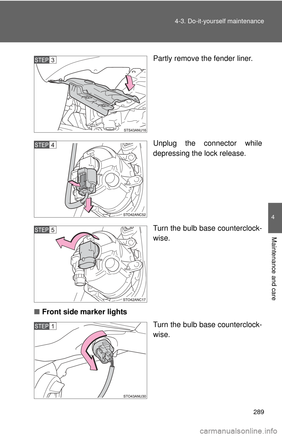 TOYOTA YARIS 2012 3.G Owners Manual 289
4-3. Do-it-yourself maintenance
4
Maintenance and care
Partly remove the fender liner.
Unplug the connector while
depressing the lock release.
Turn the bulb base counterclock-
wise.
■ Front side