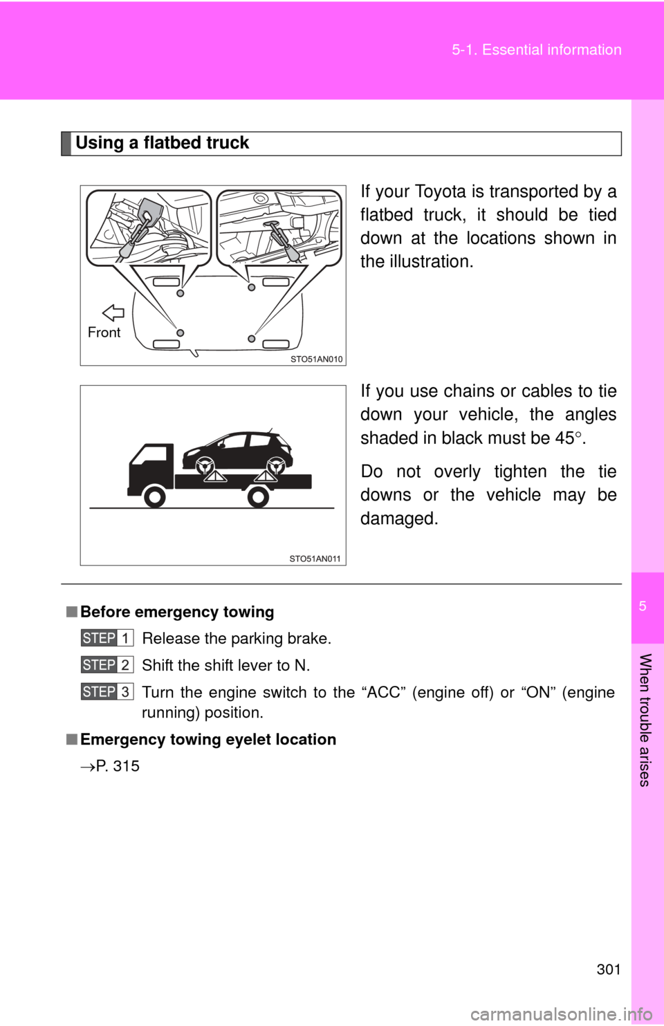 TOYOTA YARIS 2012 3.G Owners Manual 5
When trouble arises
301
5-1. Essential information
Using a flatbed truck
If your Toyota is transported by a
flatbed truck, it should be tied
down at the locations shown in
the illustration.
If you u