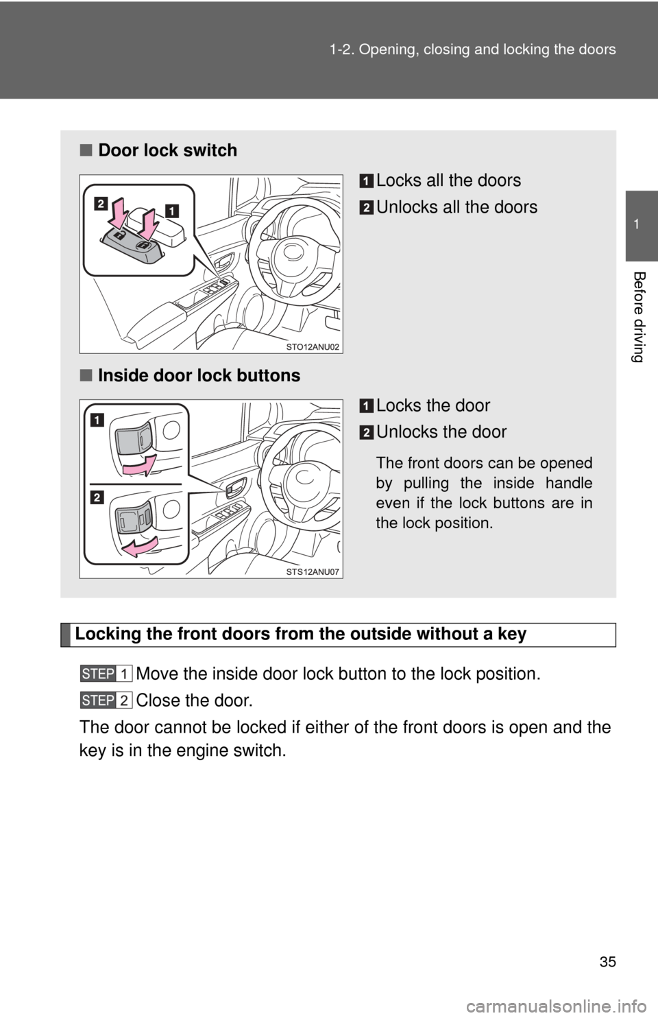 TOYOTA YARIS 2012 3.G Owners Guide 35
1-2. Opening, closing and locking the doors
1
Before driving
Locking the front doors from the outside without a key
Move the inside door lock button to the lock position.
Close the door.
The door c