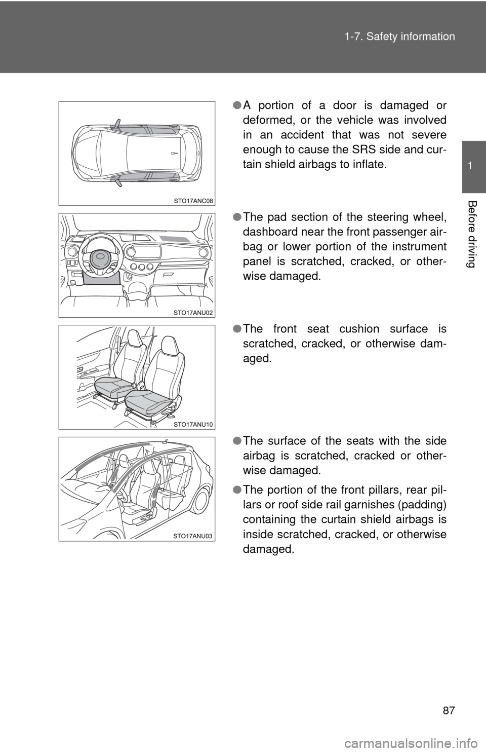TOYOTA YARIS 2012 3.G Manual Online 87
1-7. Safety information
1
Before driving
●
A portion of a door is damaged or
deformed, or the vehicle was involved
in an accident that was not severe
enough to cause the SRS side and cur-
tain sh TOYOTA YARIS 2012 3.G Manual Online 87
1-7. Safety information
1
Before driving
●
A portion of a door is damaged or
deformed, or the vehicle was involved
in an accident that was not severe
enough to cause the SRS side and cur-
tain sh