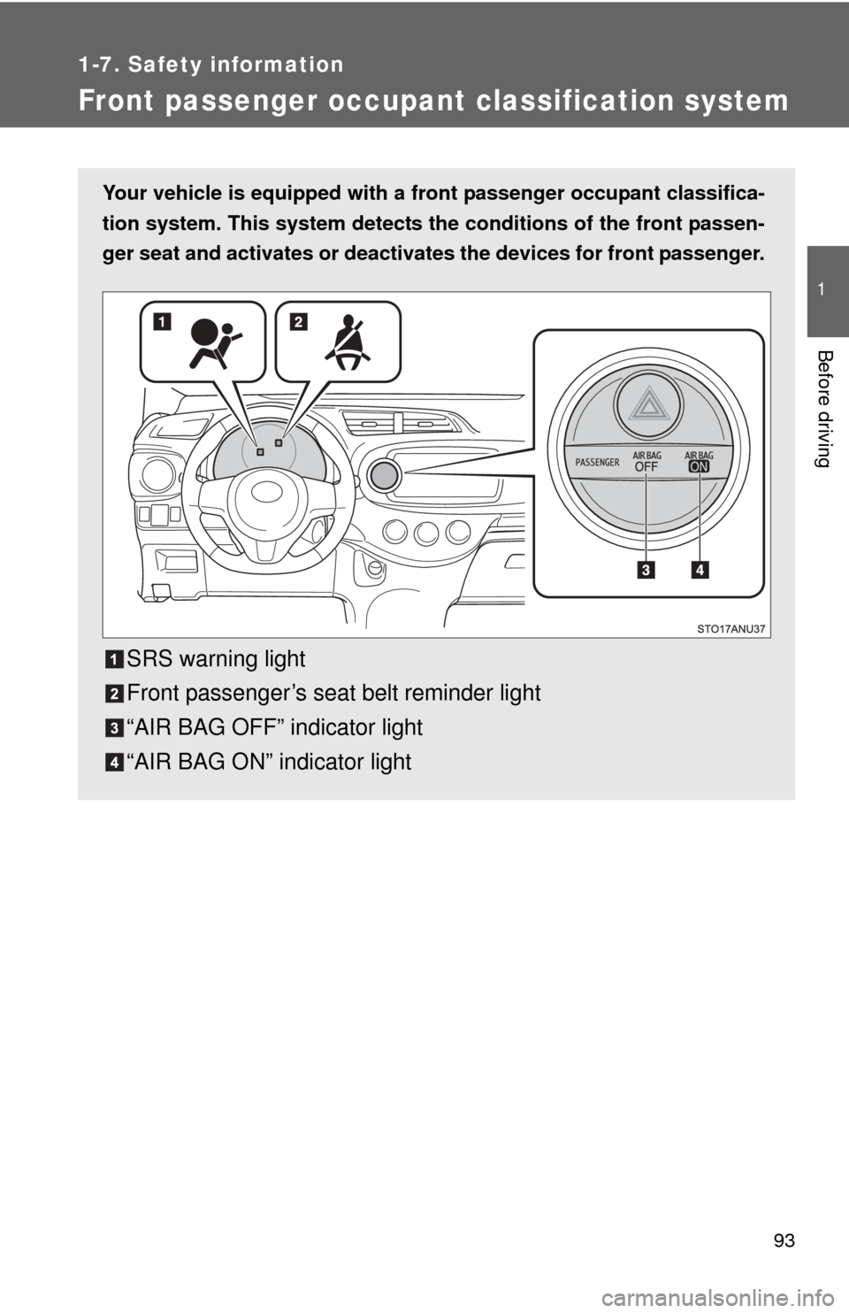 TOYOTA YARIS 2012 3.G Owners Manual 93
1
1-7. Safety information
Before driving
Front passenger occupant classification system
Your vehicle is equipped with a front passenger occupant classifica-
tion system. This system detects the con