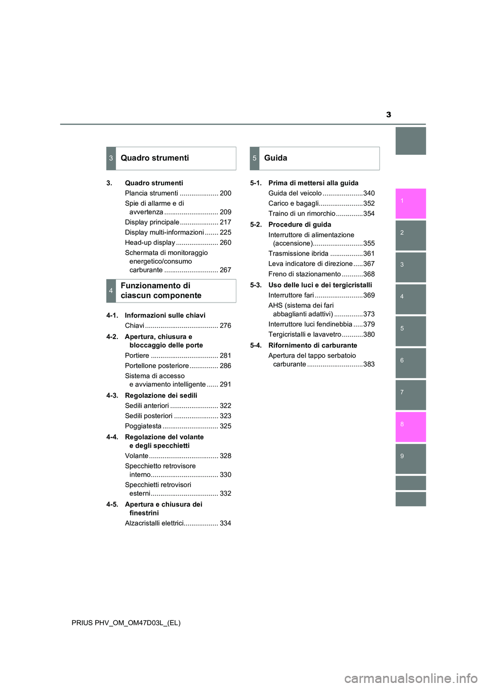 TOYOTA PRIUS PLUG-IN HYBRID 2018  Manuale duso (in Italian) 3
1 
9 
8
7
6
5
4 
2
PRIUS PHV_OM_OM47D03L_(EL)
3
3. Quadro strumenti 
Plancia strumenti .................... 200 
Spie di allarme e di  
avvertenza ............................ 209 
Display principal