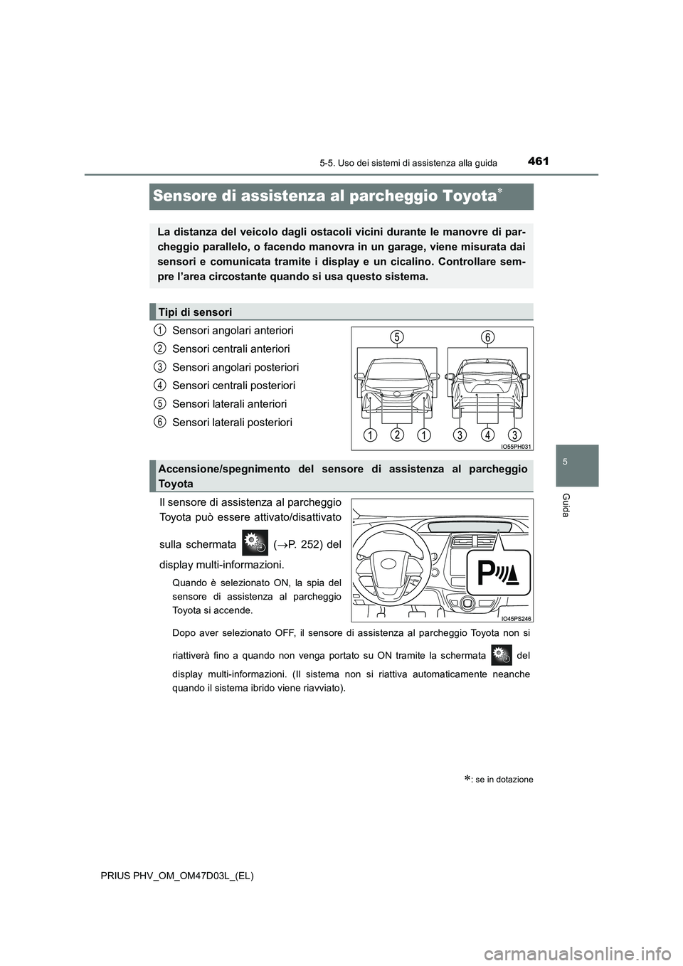 TOYOTA PRIUS PLUG-IN HYBRID 2018  Manuale duso (in Italian) 4615-5. Uso dei sistemi di assistenza alla guida
PRIUS PHV_OM_OM47D03L_(EL)
5
Guida
Sensore di assistenza al parcheggio Toyota
Sensori angolari anteriori 
Sensori centrali anteriori 
Sensori angola