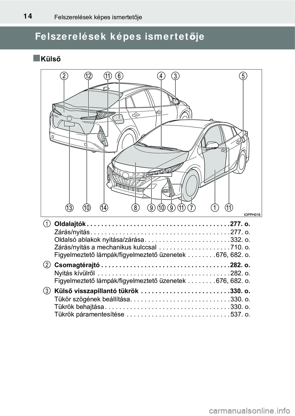 TOYOTA PRIUS PLUG-IN HYBRID 2018  Kezelési útmutató (in Hungarian) 14Felszerelések képes ismertetője
Felszerelések képes ismertetője
n
Külső
Oldalajtók . . . . . . . . . . . . . . . . . . . . . . . . . . . . . . . . . . . . . . . . 277. o.
Zárás/nyitás . 