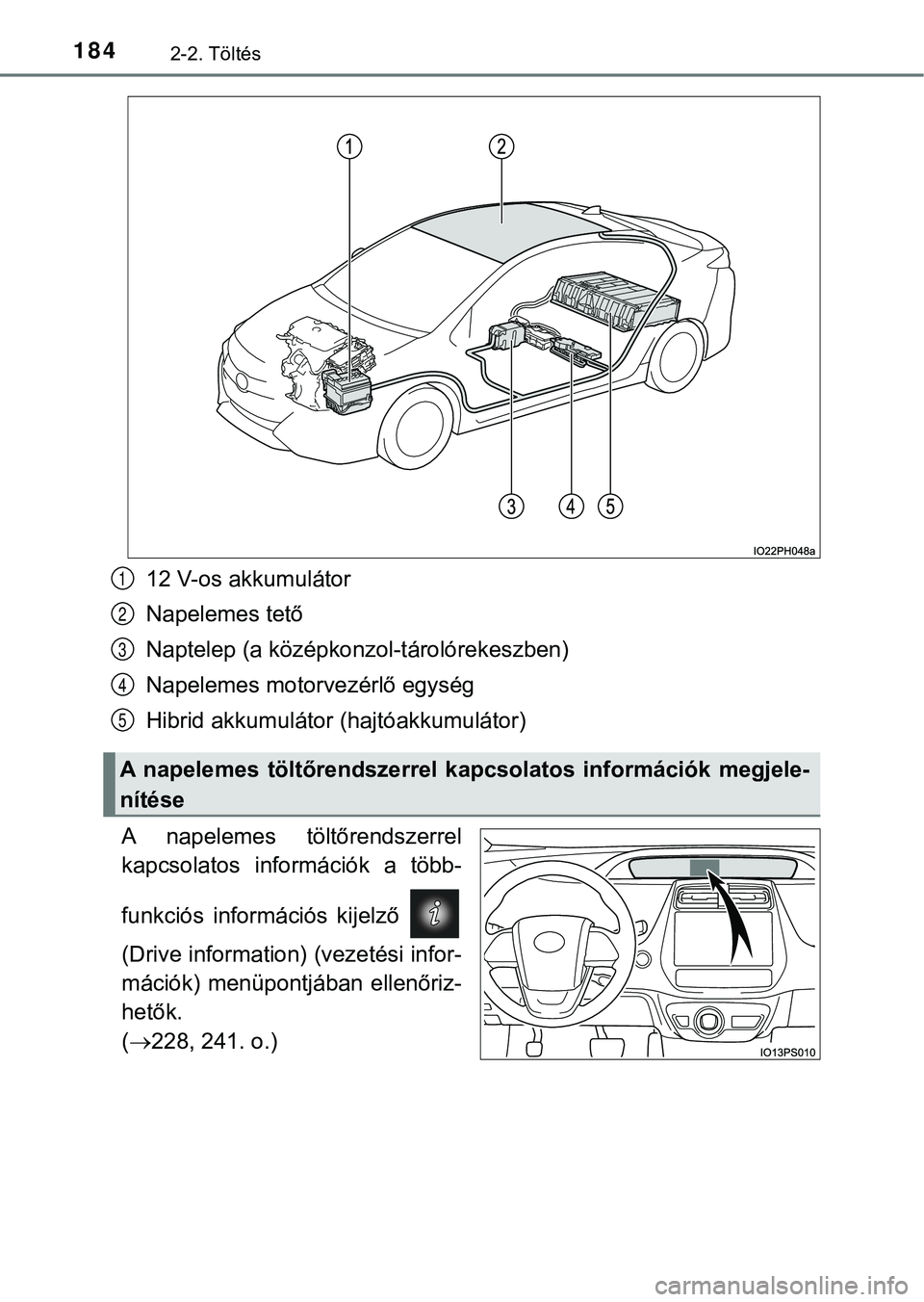 TOYOTA PRIUS PLUG-IN HYBRID 2018  Kezelési útmutató (in Hungarian) 1842-2. Töltés
12 V-os akkumulátor
Napelemes tető
Naptelep (a középkonzol-tárolórekeszben)
Napelemes motorvezérlő egység
Hibrid akkumulátor (hajtóakkumulátor)
A  napelemes  töltőrendsz