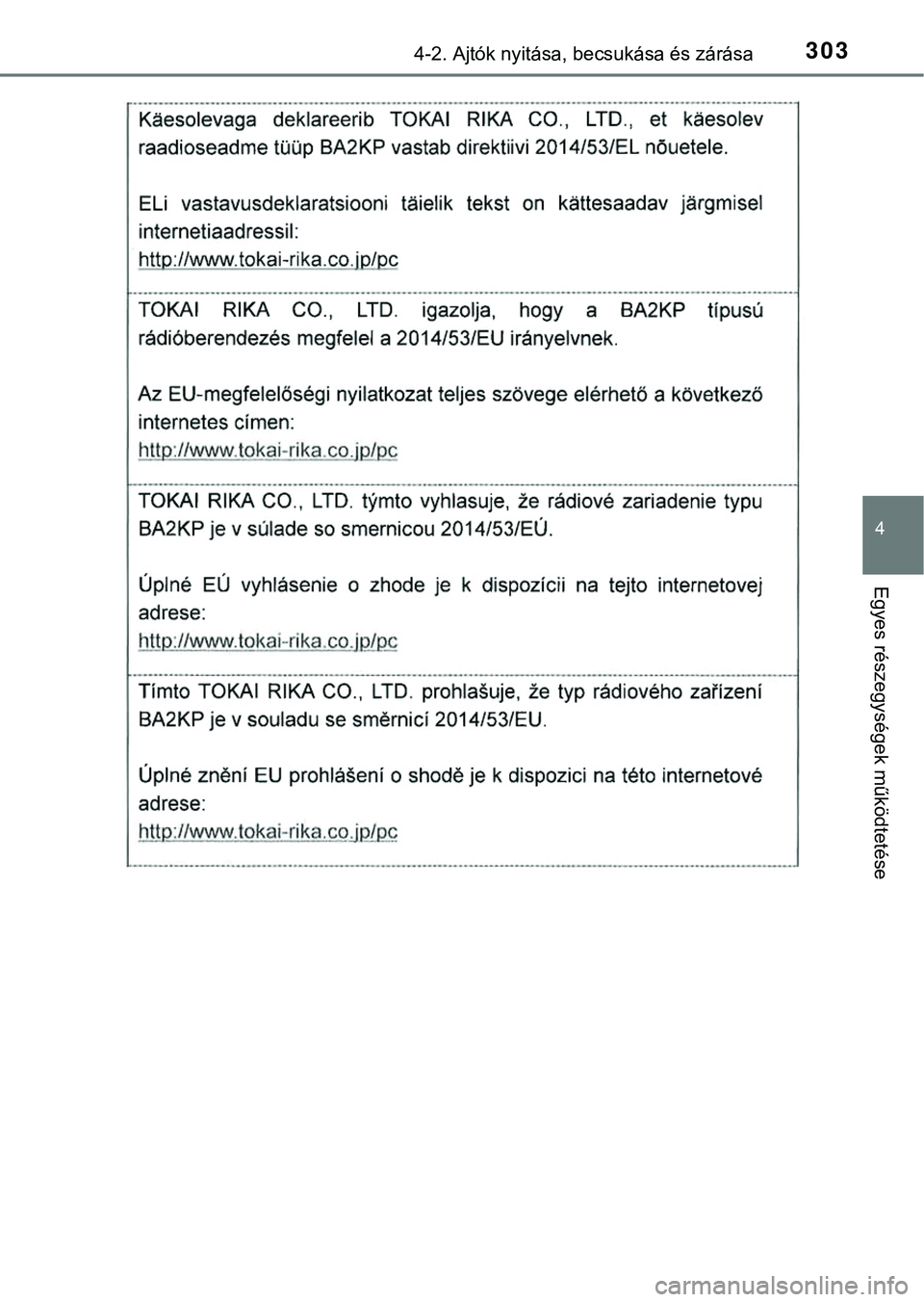 TOYOTA PRIUS PLUG-IN HYBRID 2018  Kezelési útmutató (in Hungarian) 3034-2. Ajtók nyitása, becsukása és zárása
4
Egyes részegysége k működtetése 