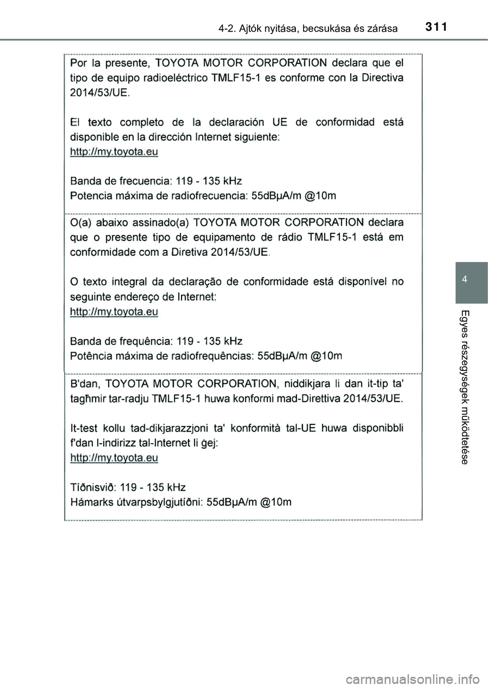 TOYOTA PRIUS PLUG-IN HYBRID 2018  Kezelési útmutató (in Hungarian) 3114-2. Ajtók nyitása, becsukása és zárása
4
Egyes részegysége k működtetése 