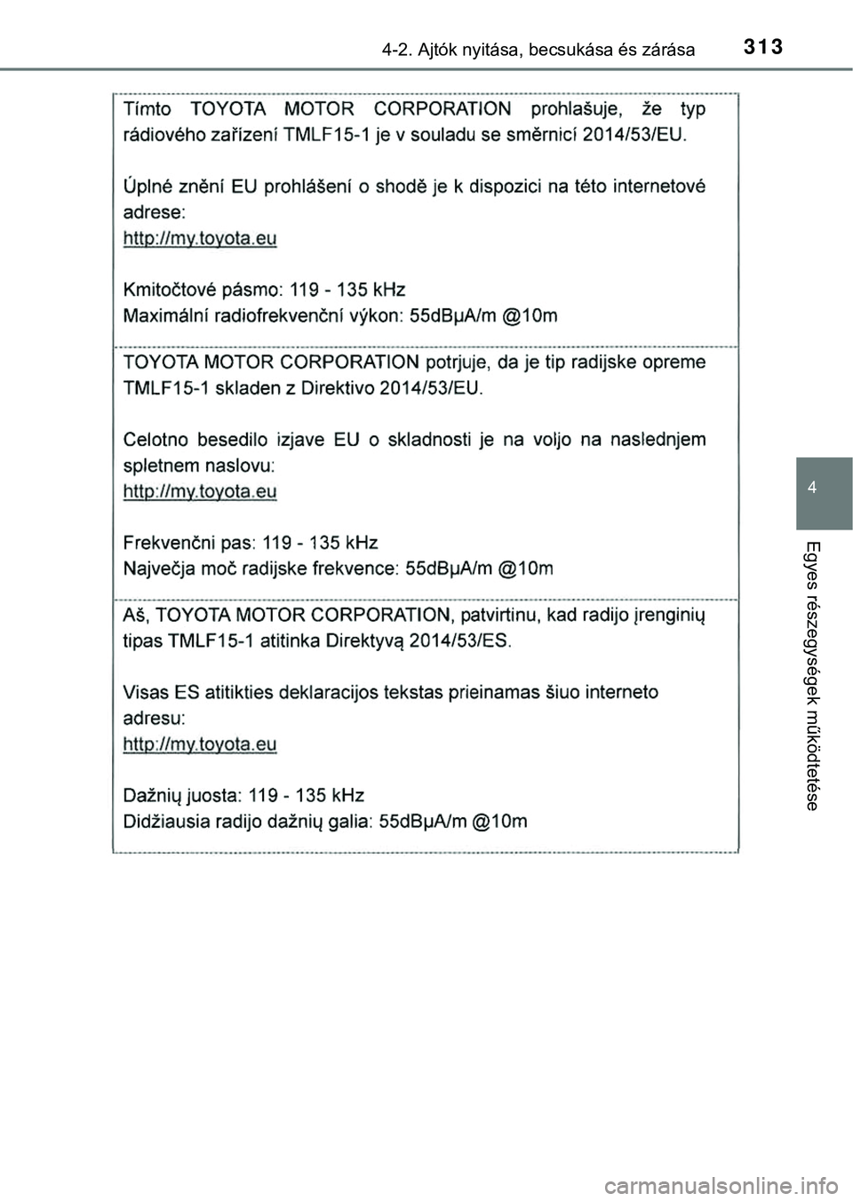 TOYOTA PRIUS PLUG-IN HYBRID 2018  Kezelési útmutató (in Hungarian) 3134-2. Ajtók nyitása, becsukása és zárása
4
Egyes részegysége k működtetése 