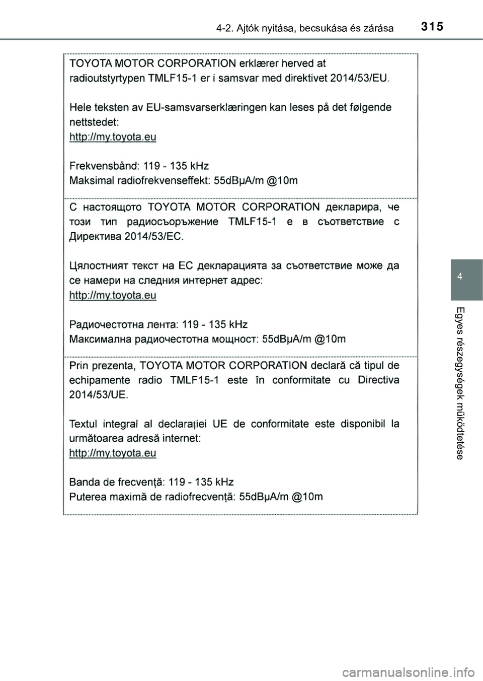TOYOTA PRIUS PLUG-IN HYBRID 2018  Kezelési útmutató (in Hungarian) 3154-2. Ajtók nyitása, becsukása és zárása
4
Egyes részegysége k működtetése 