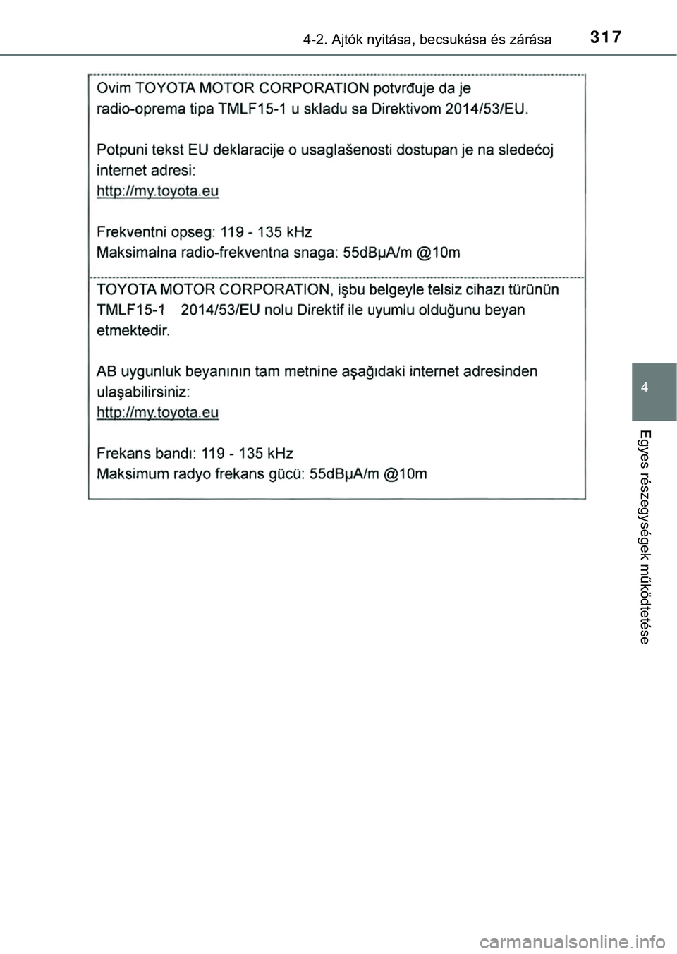 TOYOTA PRIUS PLUG-IN HYBRID 2018  Kezelési útmutató (in Hungarian) 3174-2. Ajtók nyitása, becsukása és zárása
4
Egyes részegysége k működtetése 