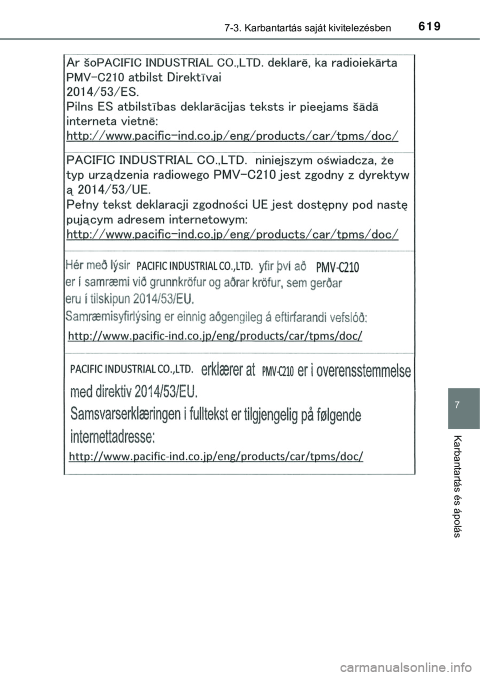 TOYOTA PRIUS PLUG-IN HYBRID 2018  Kezelési útmutató (in Hungarian) 6197-3. Karbantartás saját kivitelezésben
7
Karbantartás és ápolás 