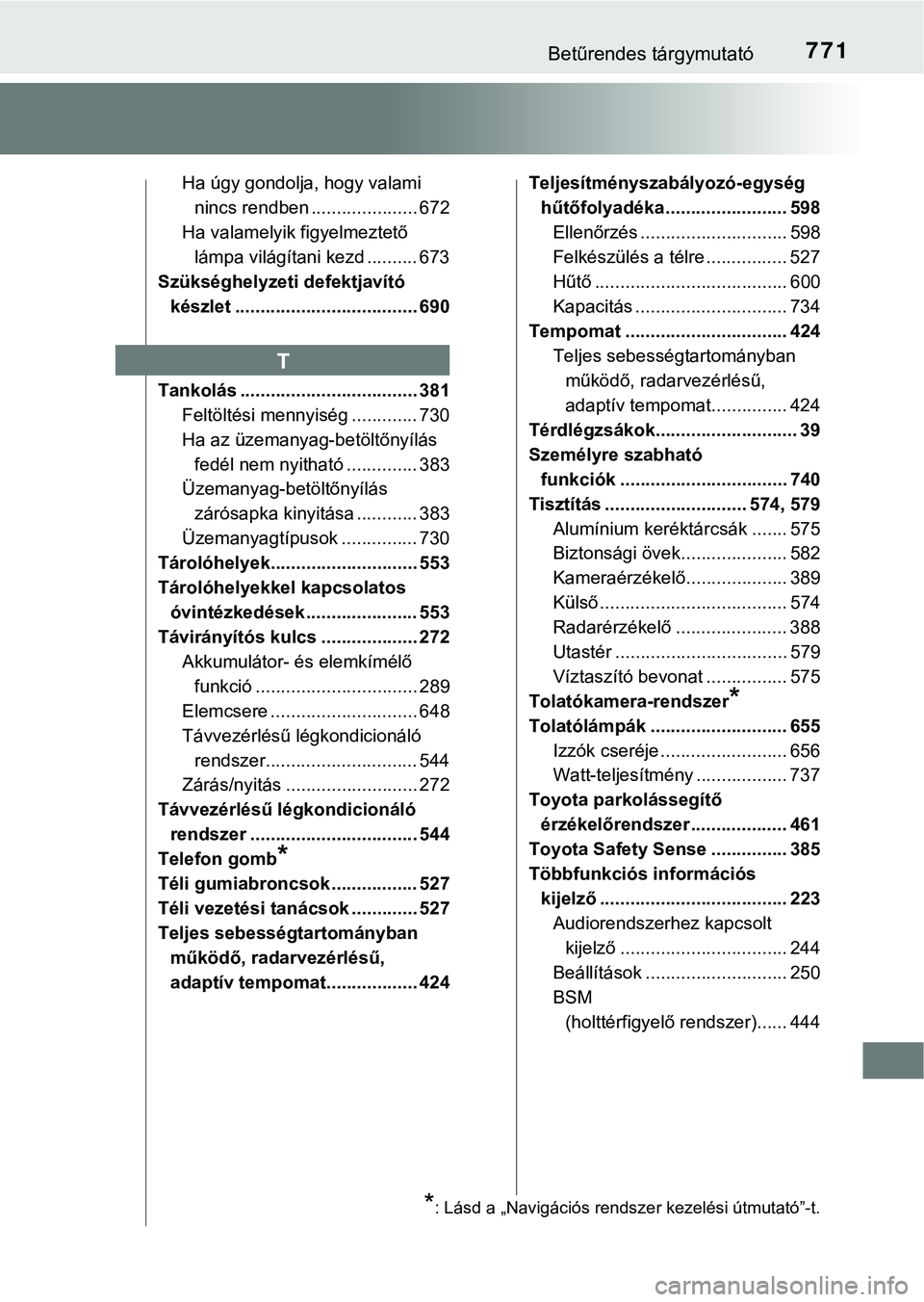 TOYOTA PRIUS PLUG-IN HYBRID 2018  Kezelési útmutató (in Hungarian) 771Betűrendes tárgymutató
Ha úgy gondolja, hogy valami nincs rendben ..................... 672
Ha valamelyik figyelmeztető  lámpa világítani kezd .......... 673
Szükséghelyzeti defektjavít