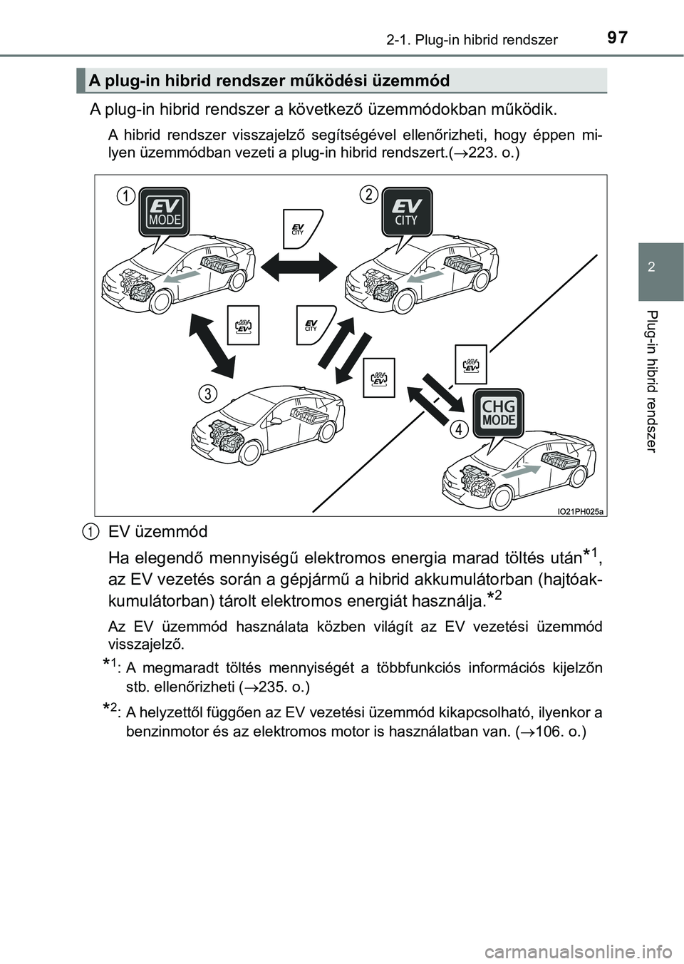 TOYOTA PRIUS PLUG-IN HYBRID 2018  Kezelési útmutató (in Hungarian) 972-1. Plug-in hibrid rendszer
2
Plug-in hibrid rendszer
A plug-in hibrid rendszer a következő üzemmódokban működik.
A  hibrid  rendszer  visszajelző  segítségével  ellenőrizheti,  hogy ép