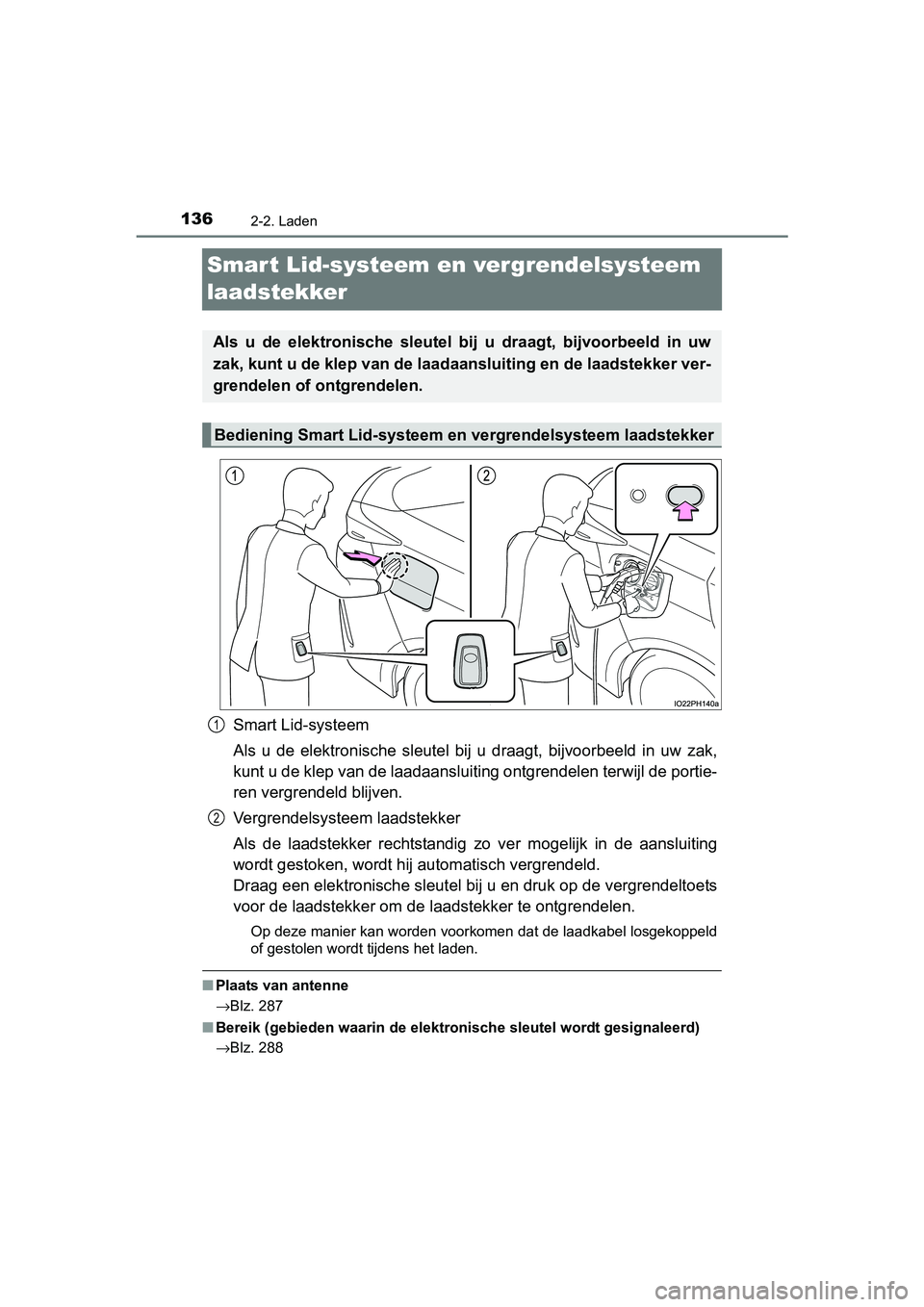 TOYOTA PRIUS PLUG-IN HYBRID 2018 Instructieboekje (in Dutch) 1362-2. Laden
PRIUS PHV_OM_OM47C18E_(EE)
Smart Lid-systeem en vergrendelsysteem
laadstekker
Smart Lid-systeem
Als u de elektronische sleutel bij u draagt, bijvoorbeeld in uw zak,
kunt u de TOYOTA PRIUS PLUG-IN HYBRID 2018 Instructieboekje (in Dutch) 1362-2. Laden
PRIUS PHV_OM_OM47C18E_(EE)
Smart Lid-systeem en vergrendelsysteem
laadstekker
Smart Lid-systeem
Als u de elektronische sleutel bij u draagt, bijvoorbeeld in uw zak,
kunt u de
