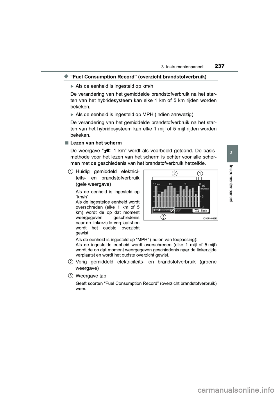 TOYOTA PRIUS PLUG-IN HYBRID 2018  Instructieboekje (in Dutch) 2373. Instrumentenpaneel
3
Instrumentenpaneel
PRIUS PHV_OM_OM47C18E_(EE)
◆“Fuel Consumption Record” (overzicht brandstofverbruik)
Als de eenheid is ingesteld op km/h
De  verandering  van  het