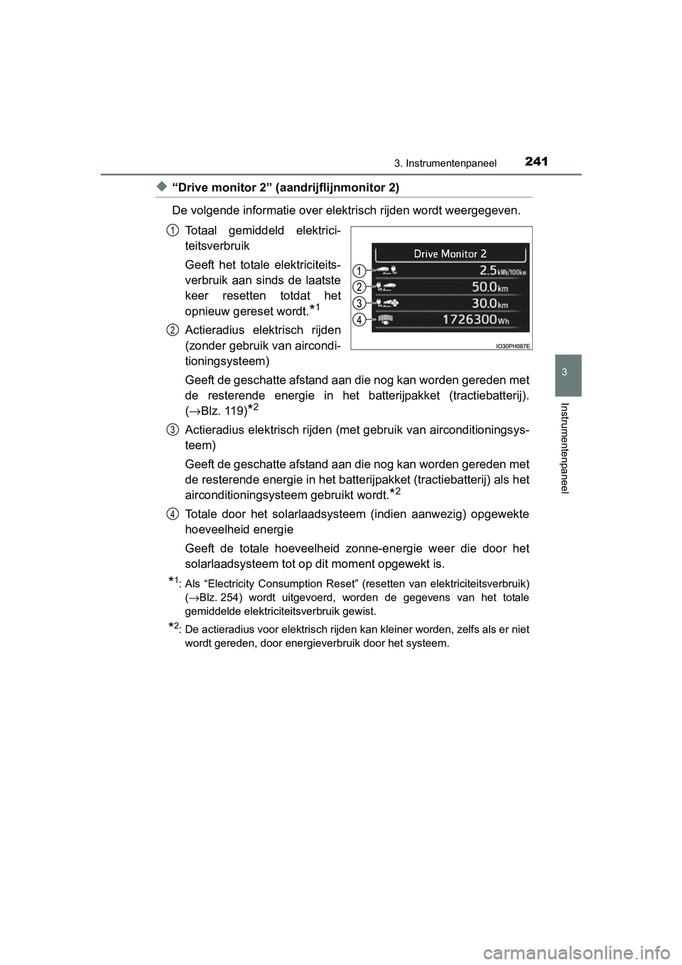 TOYOTA PRIUS PLUG-IN HYBRID 2018 Instructieboekje (in Dutch) 2413. Instrumentenpaneel
3
Instrumentenpaneel
PRIUS PHV_OM_OM47C18E_(EE)
◆“Drive monitor 2” (aandrijflijnmonitor 2)
De volgende informatie over elek trisch rijden wordt weergegeven.
Totaal gemi TOYOTA PRIUS PLUG-IN HYBRID 2018 Instructieboekje (in Dutch) 2413. Instrumentenpaneel
3
Instrumentenpaneel
PRIUS PHV_OM_OM47C18E_(EE)
◆“Drive monitor 2” (aandrijflijnmonitor 2)
De volgende informatie over elek trisch rijden wordt weergegeven.
Totaal gemi