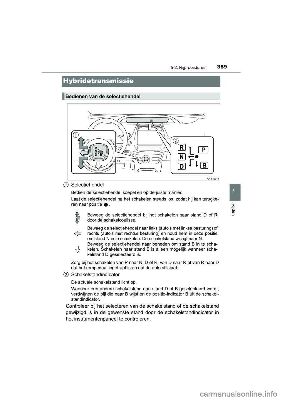 TOYOTA PRIUS PLUG-IN HYBRID 2018 Instructieboekje (in Dutch) 3595-2. Rijprocedures
PRIUS PHV_OM_OM47C18E_(EE)
5
Rijden
Hybridetransmissie
Selectiehendel
Bedien de selectiehendel soepel en op de juiste manier.
Laat de selectiehendel na het schakelen steeds los, TOYOTA PRIUS PLUG-IN HYBRID 2018 Instructieboekje (in Dutch) 3595-2. Rijprocedures
PRIUS PHV_OM_OM47C18E_(EE)
5
Rijden
Hybridetransmissie
Selectiehendel
Bedien de selectiehendel soepel en op de juiste manier.
Laat de selectiehendel na het schakelen steeds los,