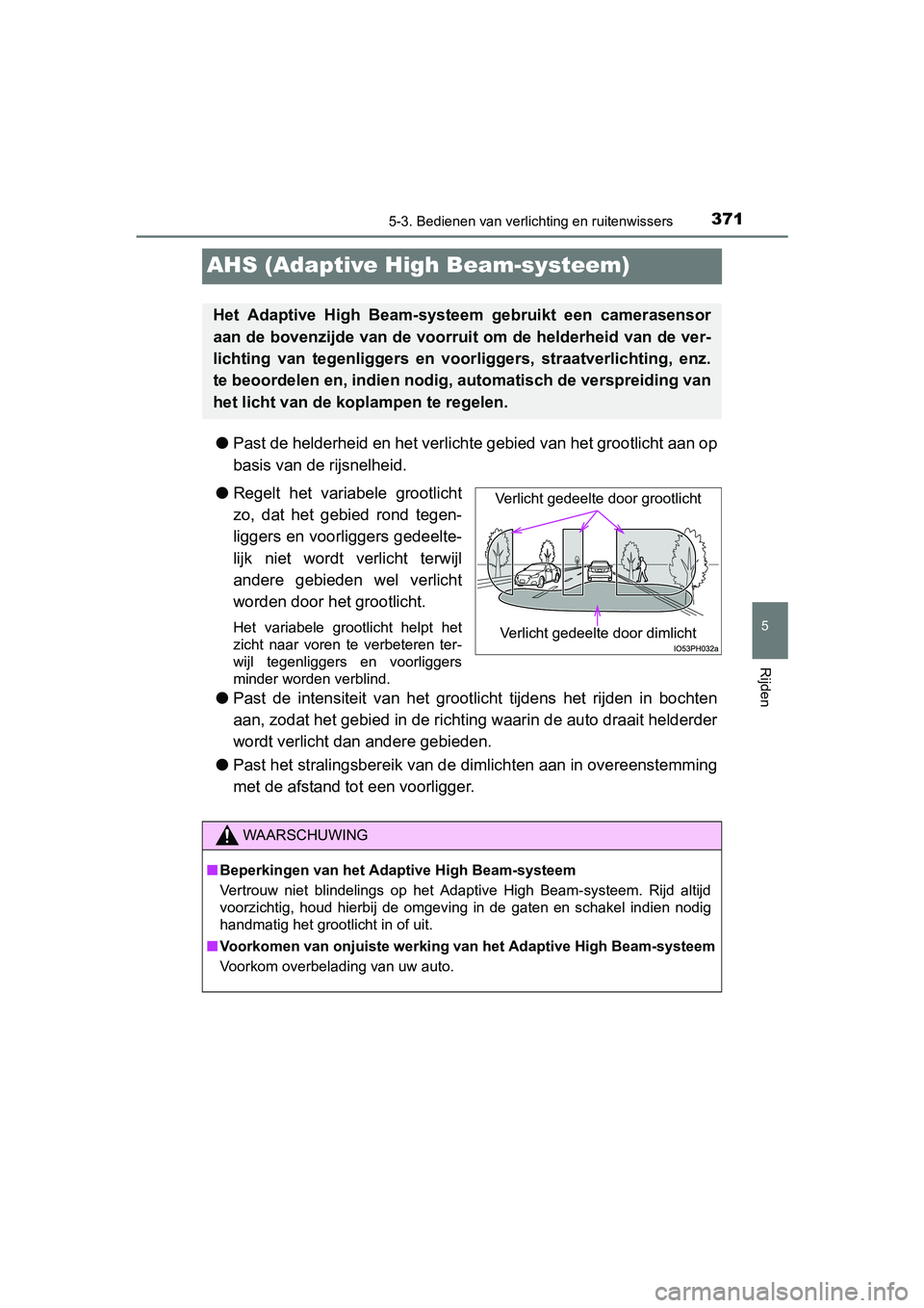 TOYOTA PRIUS PLUG-IN HYBRID 2018 Instructieboekje (in Dutch) 3715-3. Bedienen van verlichting en ruitenwissers
PRIUS PHV_OM_OM47C18E_(EE)
5
Rijden
AHS (Adaptive High Beam-systeem)
●Past de helderheid en het verlichte gebied van het grootlicht a an op
basis v TOYOTA PRIUS PLUG-IN HYBRID 2018 Instructieboekje (in Dutch) 3715-3. Bedienen van verlichting en ruitenwissers
PRIUS PHV_OM_OM47C18E_(EE)
5
Rijden
AHS (Adaptive High Beam-systeem)
●Past de helderheid en het verlichte gebied van het grootlicht a an op
basis v