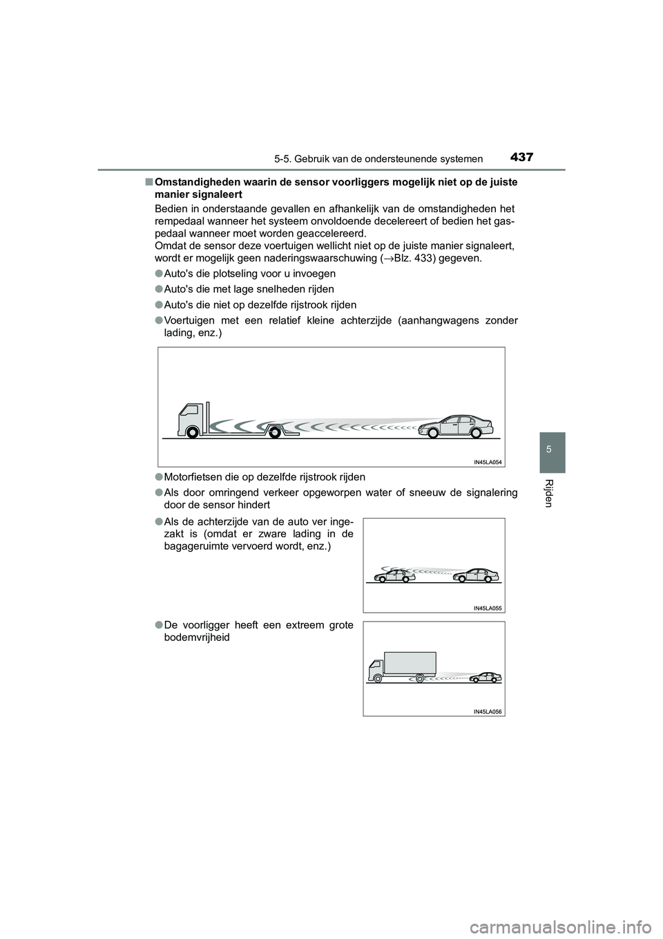 TOYOTA PRIUS PLUG-IN HYBRID 2018 Instructieboekje (in Dutch) 4375-5. Gebruik van de ondersteunende systemen
PRIUS PHV_OM_OM47C18E_(EE)
5
Rijden
■Omstandigheden waarin de sensor voorliggers mogelijk niet op de juiste
manier signaleert
Bedien in onderstaande TOYOTA PRIUS PLUG-IN HYBRID 2018 Instructieboekje (in Dutch) 4375-5. Gebruik van de ondersteunende systemen
PRIUS PHV_OM_OM47C18E_(EE)
5
Rijden
■Omstandigheden waarin de sensor voorliggers mogelijk niet op de juiste
manier signaleert
Bedien in onderstaande