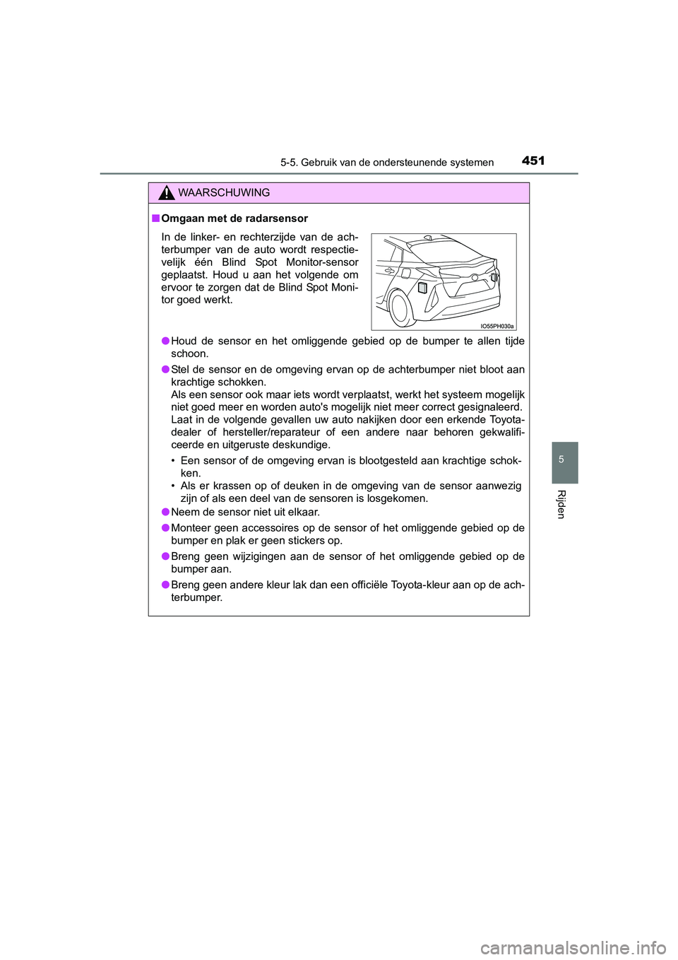 TOYOTA PRIUS PLUG-IN HYBRID 2018 Instructieboekje (in Dutch) 4515-5. Gebruik van de ondersteunende systemen
PRIUS PHV_OM_OM47C18E_(EE)
5
Rijden
WAARSCHUWING
■Omgaan met de radarsensor
● Houd de sensor en het omliggende gebied op de bumper te alle TOYOTA PRIUS PLUG-IN HYBRID 2018 Instructieboekje (in Dutch) 4515-5. Gebruik van de ondersteunende systemen
PRIUS PHV_OM_OM47C18E_(EE)
5
Rijden
WAARSCHUWING
■Omgaan met de radarsensor
● Houd de sensor en het omliggende gebied op de bumper te alle