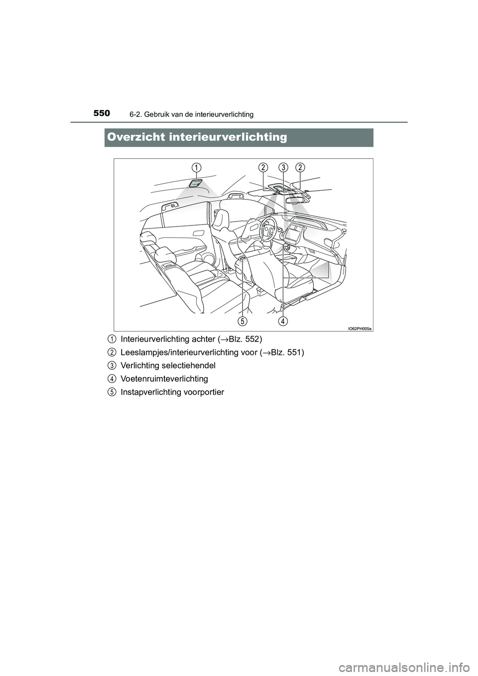 TOYOTA PRIUS PLUG-IN HYBRID 2018  Instructieboekje (in Dutch) 5506-2. Gebruik van de interieurverlichting
PRIUS PHV_OM_OM47C18E_(EE)
Overzicht interieur verlichting
Interieurverlichting achter (→Blz. 552)
Leeslampjes/interieurverlichting voor ( →Blz. 551)
Ve