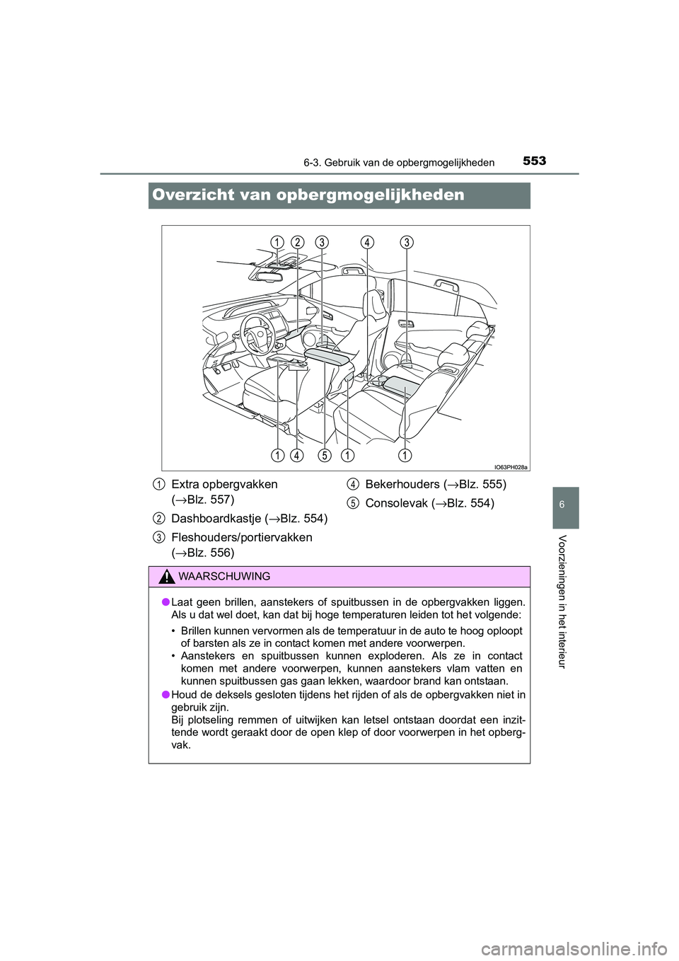 TOYOTA PRIUS PLUG-IN HYBRID 2018 Instructieboekje (in Dutch) 5536-3. Gebruik van de opbergmogelijkheden
PRIUS PHV_OM_OM47C18E_(EE)
6
Voorzieningen in het interieur
Overzicht van opber gmogelijkheden
Extra opbergvakken
(→ Blz. 557)
Dashboardkastje ( →Blz. 5 TOYOTA PRIUS PLUG-IN HYBRID 2018 Instructieboekje (in Dutch) 5536-3. Gebruik van de opbergmogelijkheden
PRIUS PHV_OM_OM47C18E_(EE)
6
Voorzieningen in het interieur
Overzicht van opber gmogelijkheden
Extra opbergvakken
(→ Blz. 557)
Dashboardkastje ( →Blz. 5