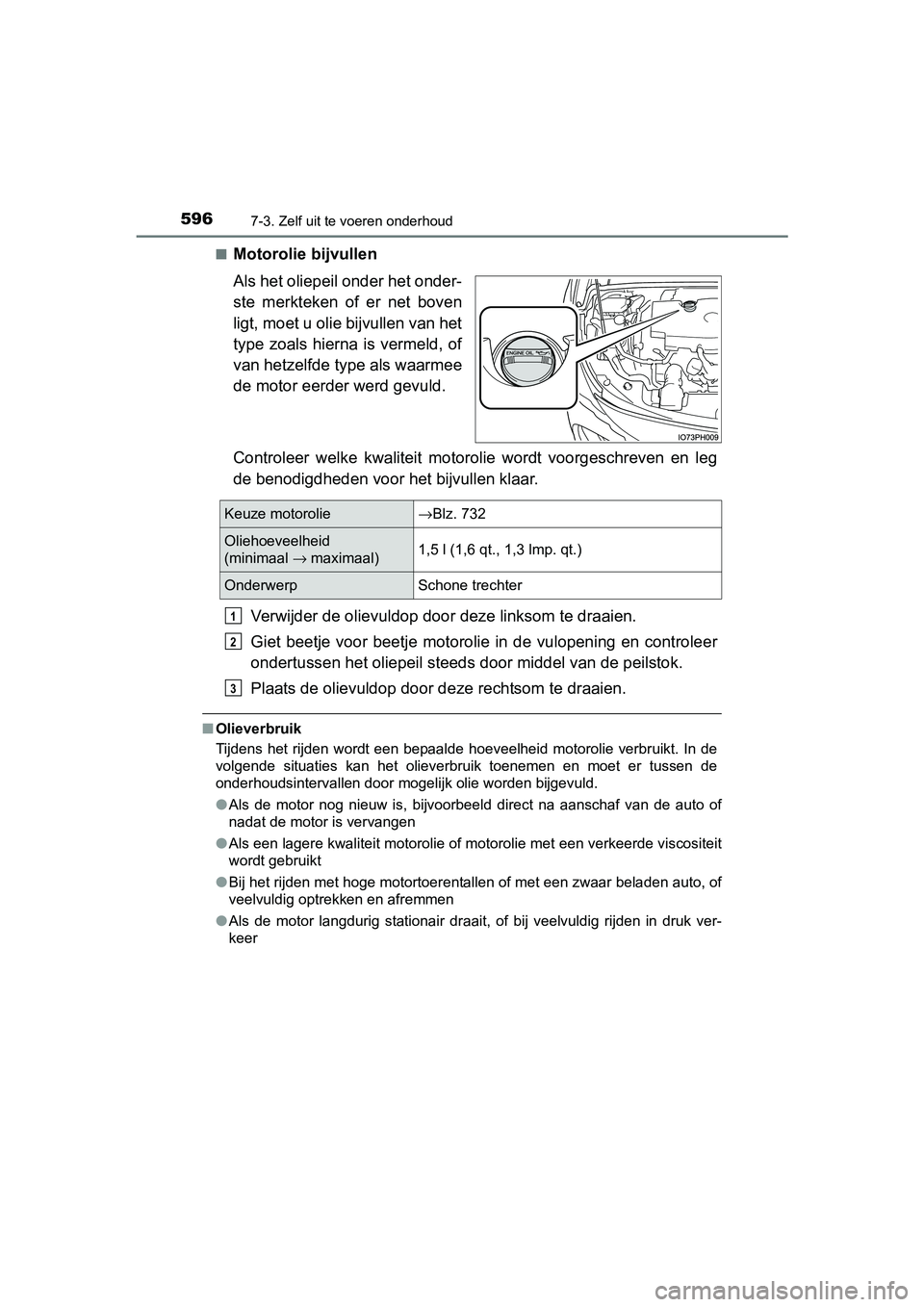 TOYOTA PRIUS PLUG-IN HYBRID 2018 Instructieboekje (in Dutch) 5967-3. Zelf uit te voeren onderhoud
PRIUS PHV_OM_OM47C18E_(EE)■
Motorolie bijvullen
Als het oliepeil onder het onder-
ste merkteken of er net boven
ligt, moet u olie bijvullen van het
type zo TOYOTA PRIUS PLUG-IN HYBRID 2018 Instructieboekje (in Dutch) 5967-3. Zelf uit te voeren onderhoud
PRIUS PHV_OM_OM47C18E_(EE)■
Motorolie bijvullen
Als het oliepeil onder het onder-
ste merkteken of er net boven
ligt, moet u olie bijvullen van het
type zo