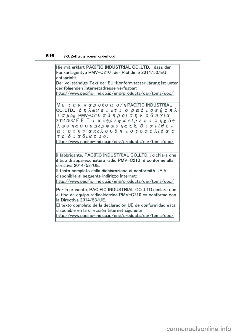 TOYOTA PRIUS PLUG-IN HYBRID 2018 Instructieboekje (in Dutch) 6167-3. Zelf uit te voeren onderhoud
PRIUS PHV_OM_OM47C18E_(EE)
PRIUS PHV_OM_OM47C18E_(EE).book Page 616 Tuesday, January 2, 2018 2:59 PM TOYOTA PRIUS PLUG-IN HYBRID 2018 Instructieboekje (in Dutch) 6167-3. Zelf uit te voeren onderhoud
PRIUS PHV_OM_OM47C18E_(EE)
PRIUS PHV_OM_OM47C18E_(EE).book Page 616 Tuesday, January 2, 2018 2:59 PM