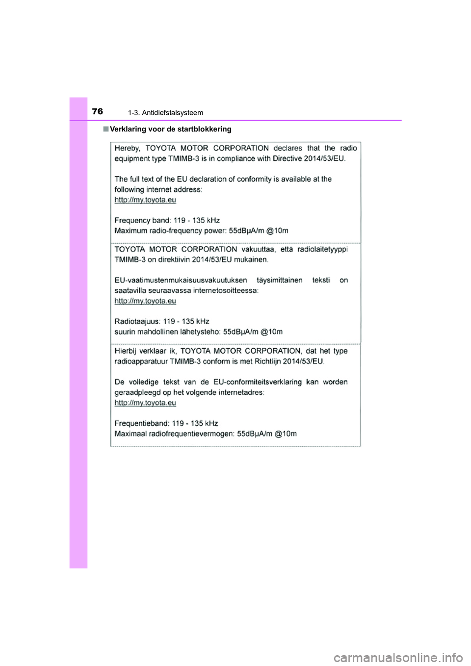 TOYOTA PRIUS PLUG-IN HYBRID 2018 Instructieboekje (in Dutch) 761-3. Antidiefstalsysteem
PRIUS PHV_OM_OM47C18E_(EE)■
Verklaring voor de startblokkering
PRIUS PHV_OM_OM47C18E_(EE).book Page 76 Tuesday, January 2, 2 018 2:59 PM TOYOTA PRIUS PLUG-IN HYBRID 2018 Instructieboekje (in Dutch) 761-3. Antidiefstalsysteem
PRIUS PHV_OM_OM47C18E_(EE)■
Verklaring voor de startblokkering
PRIUS PHV_OM_OM47C18E_(EE).book Page 76 Tuesday, January 2, 2 018 2:59 PM