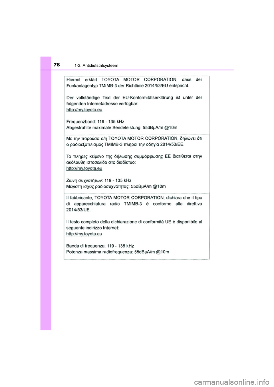 TOYOTA PRIUS PLUG-IN HYBRID 2018 Instructieboekje (in Dutch) 781-3. Antidiefstalsysteem
PRIUS PHV_OM_OM47C18E_(EE)
PRIUS PHV_OM_OM47C18E_(EE).book Page 78 Tuesday, January 2, 2018 2:59 PM TOYOTA PRIUS PLUG-IN HYBRID 2018 Instructieboekje (in Dutch) 781-3. Antidiefstalsysteem
PRIUS PHV_OM_OM47C18E_(EE)
PRIUS PHV_OM_OM47C18E_(EE).book Page 78 Tuesday, January 2, 2018 2:59 PM